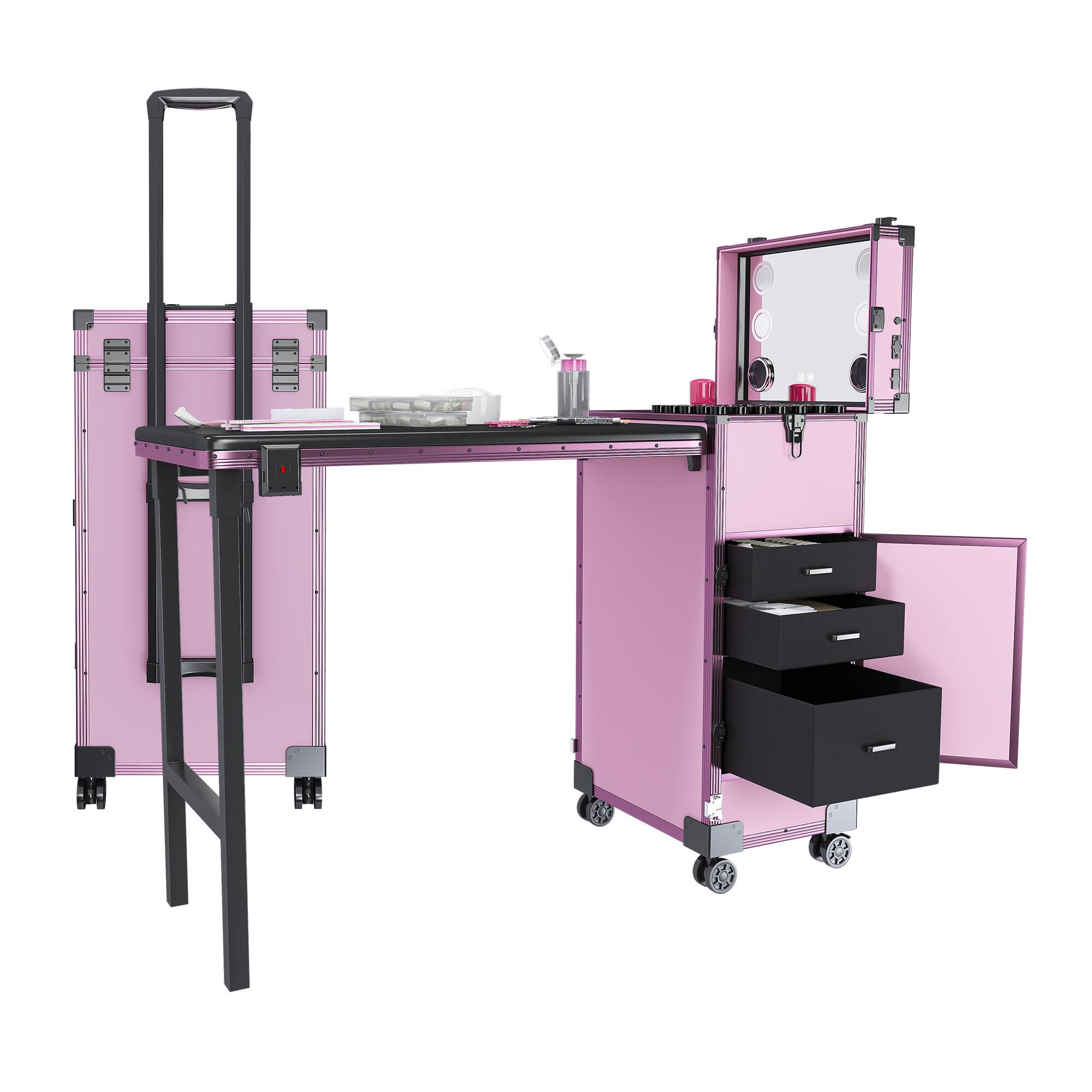 Angle. TinyHomie - Portable Nail Art Table w LED Mirror Bluetooth Lockable Drawers Telescopic Pole Folding Manicure Station for Salons Pink.