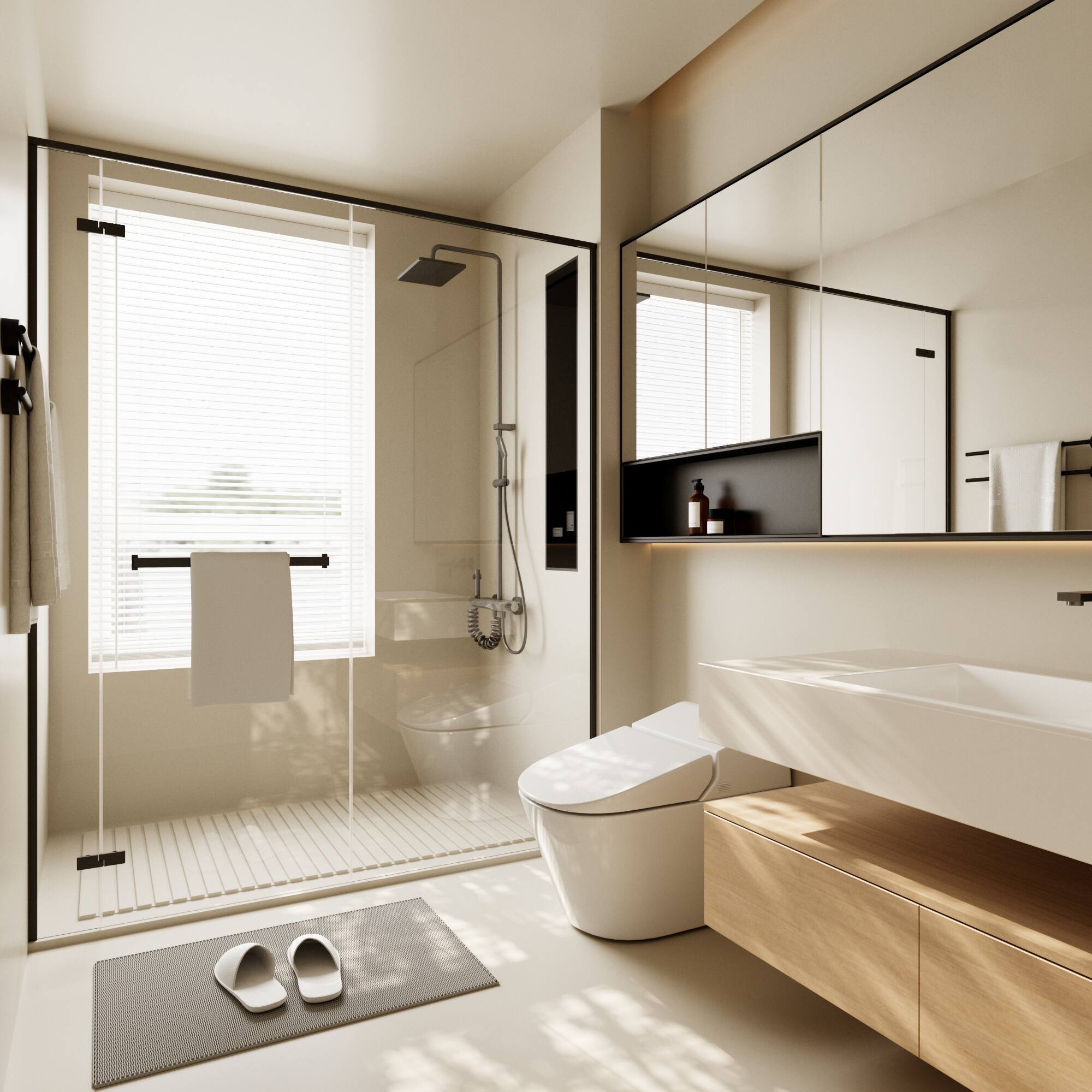 Left. Famapy - Piano Button Shower System with Rainfall Head & Handheld, Adjustable Slide Bar Shower Faucet Set with Bidet Sprayer - Gunmetal Gray.