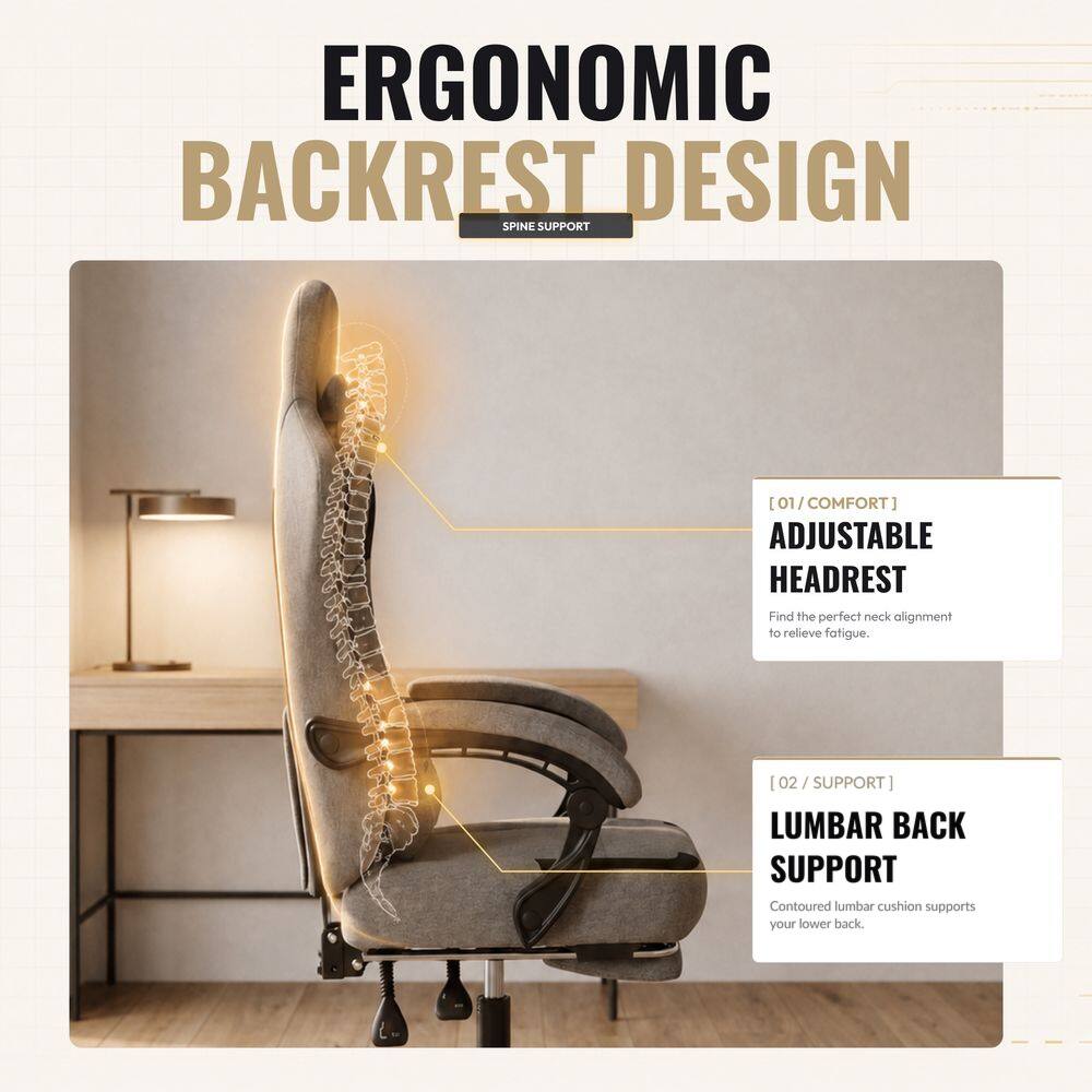 ERGONOMIC BACKREST DESIGN SPINE SUPPORT

[01/COMFORT] ADJUSTABLE HEADREST
Find the perfect neck alignment to relieve fatigue.

[02/SUPPORT] LUMBAR BACK SUPPORT
Contoured lumbar cushion supports your lower back.