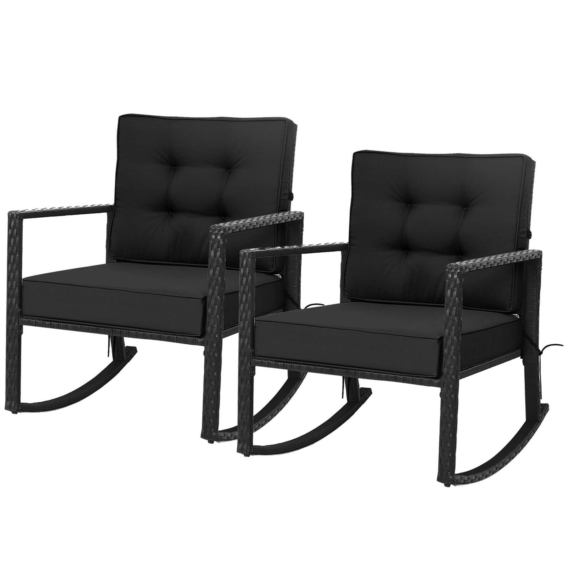 Gymax - 2PCS Outdoor Wicker Rocking Chair Patio Rattan Single Chair Glider w/ Cushion - Black