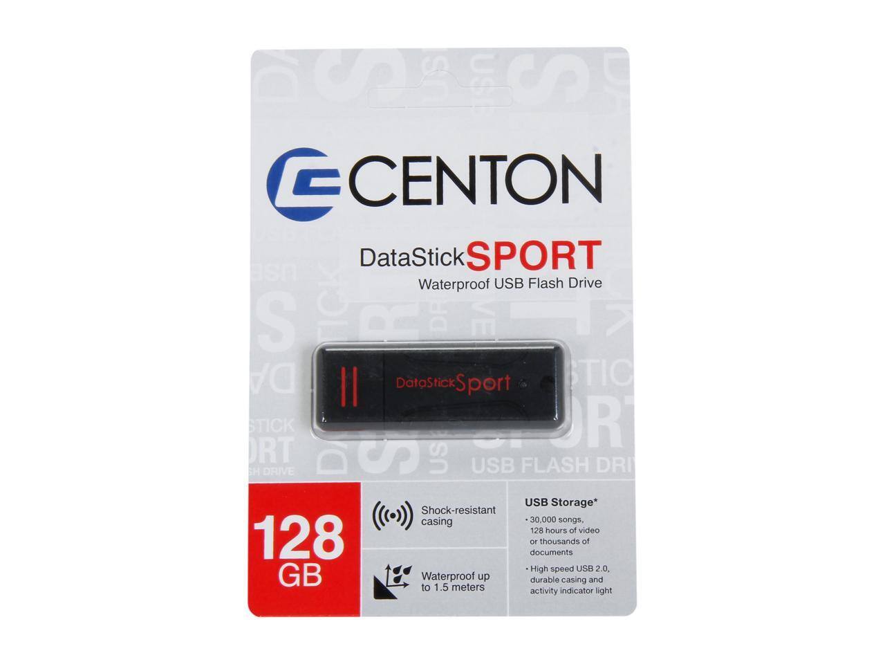 CENTON  
DataStick SPORT  
Waterproof USB Flash Drive  

- 128 GB  
- Shock-resistant casing  
- Waterproof up to 1.5 meters  
- High-speed USB 2.0  
- 30,000 songs, 128 hours of video, 128 documents or thousands of files  
- Durable casing and activity indicator light