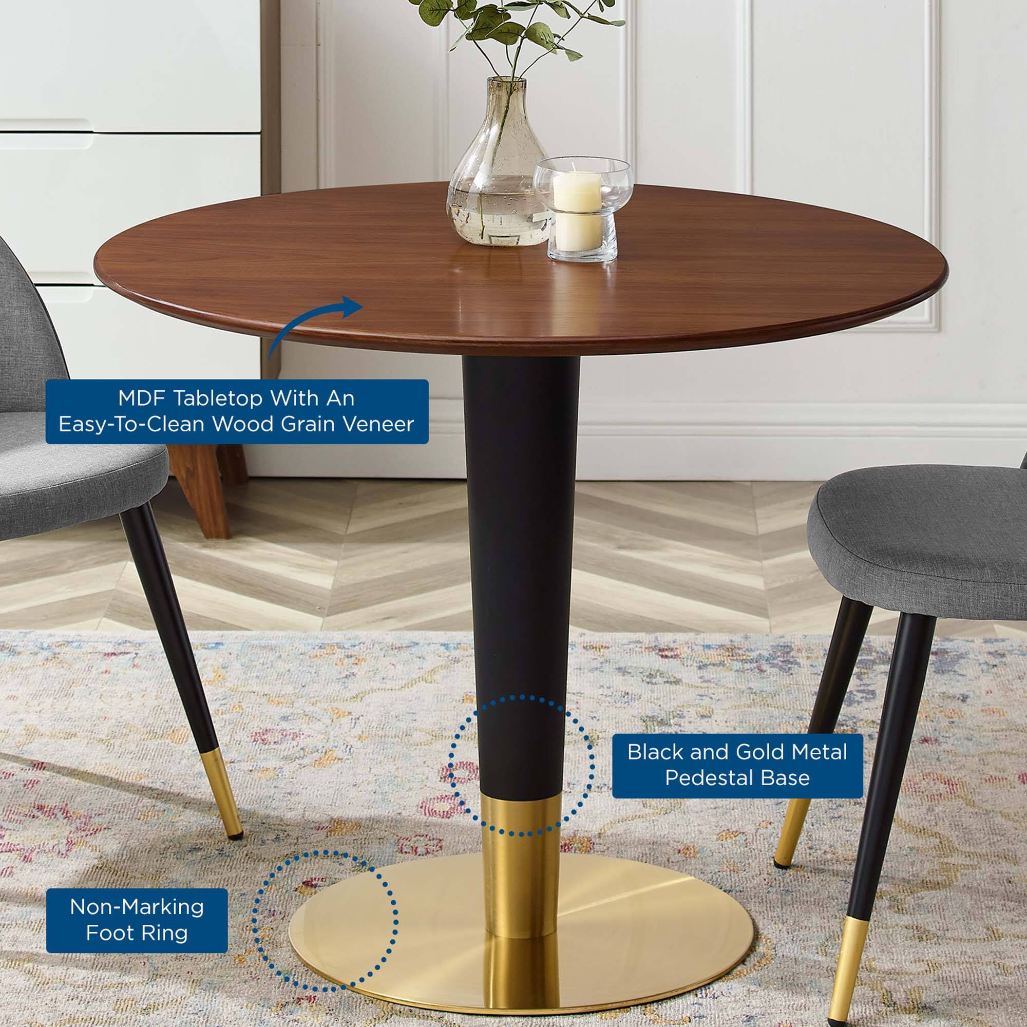 MDF Tabletop With An Easy-To-Clean Wood Grain Veneer

Black and Gold Metal Pedestal Base

Non-Marking Foot Ring