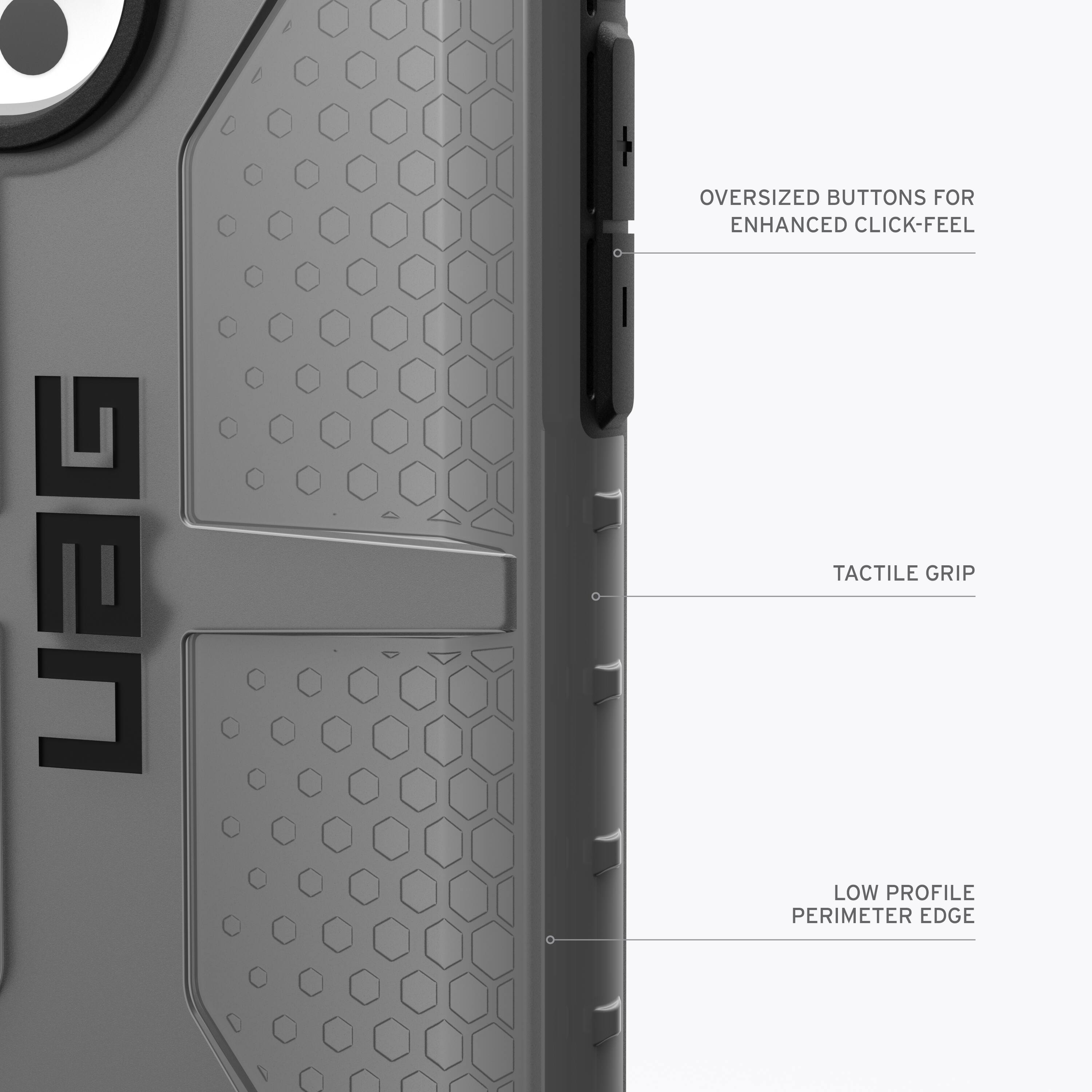 The image shows a close-up of a cell phone case with the brand name "Lag" on it. The case features oversized buttons for enhanced click-feel and a tactile grip. The case also has a low profile perimeter edge, which provides a sleek and modern appearance.