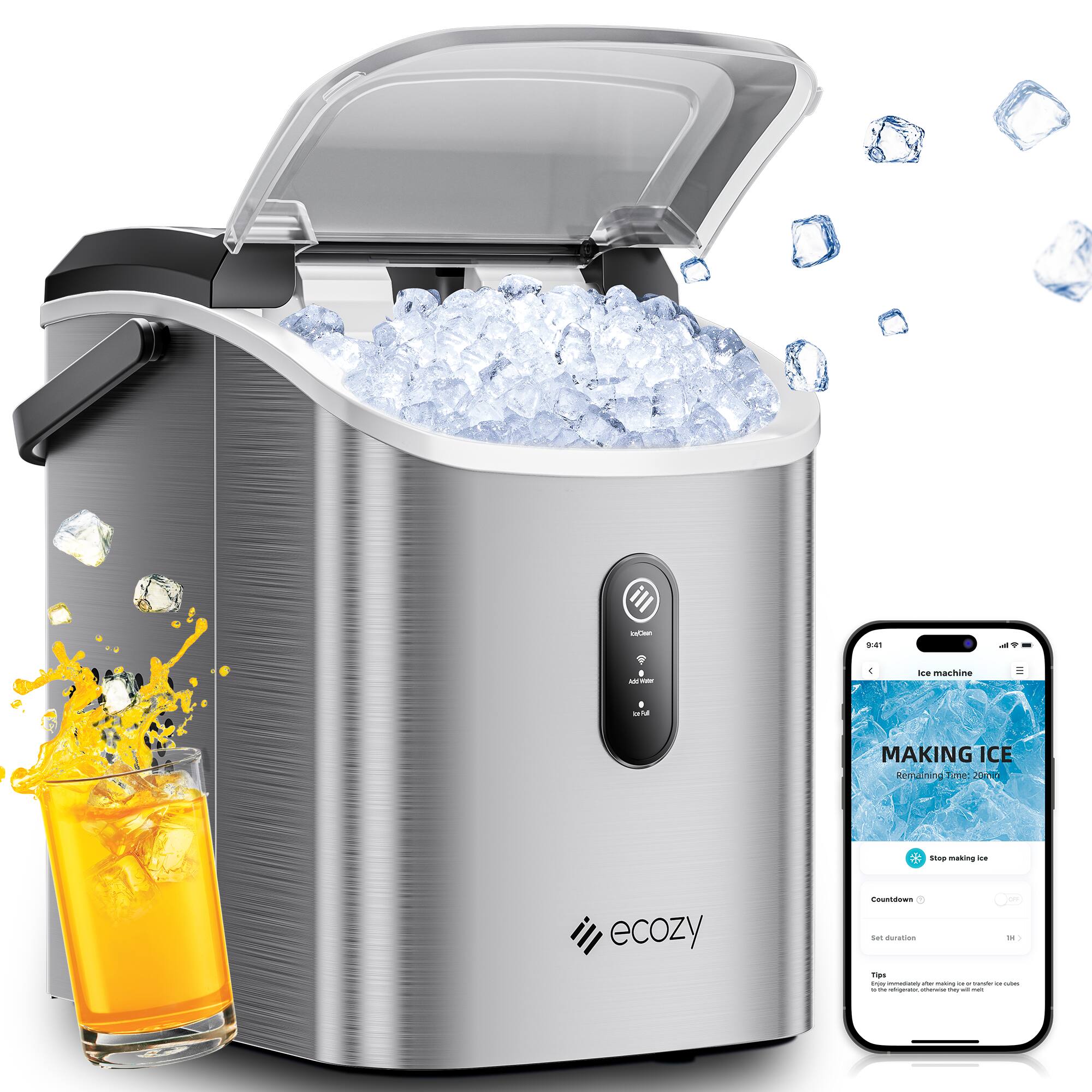 The image features an ice maker machine, which is filled with ice. The ice maker is connected to a smartphone, and the app on the phone displays the remaining time for making ice. The ice maker is also accompanied by a glass of orange juice, which is being poured into the glass. The scene showcases the convenience and efficiency of the ice maker, as it allows users to easily access cold, fresh ice whenever they need it.
