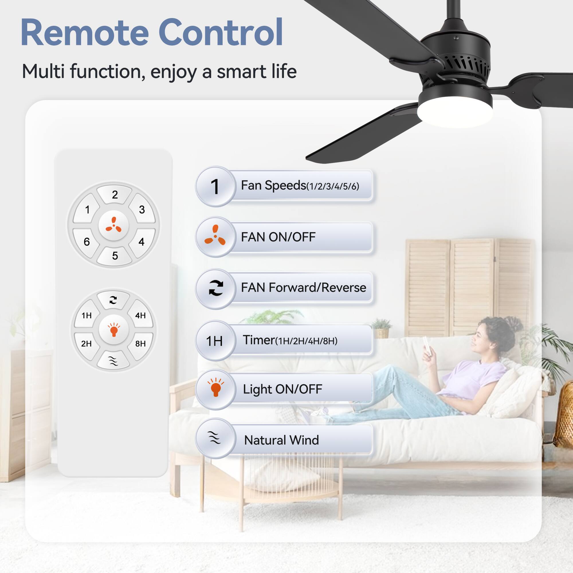 Remote Control
Multi function, enjoy a smart life
1 2 3 1 Fan Speeds(1/2/3/4/5/6)
6 5 4 FAN ON/OFF
FAN Forward/Reverse
1H 4H 2H 8H 1H Timer(1H/2H/4H/8H)
Light ON/OFF
Natural Wind