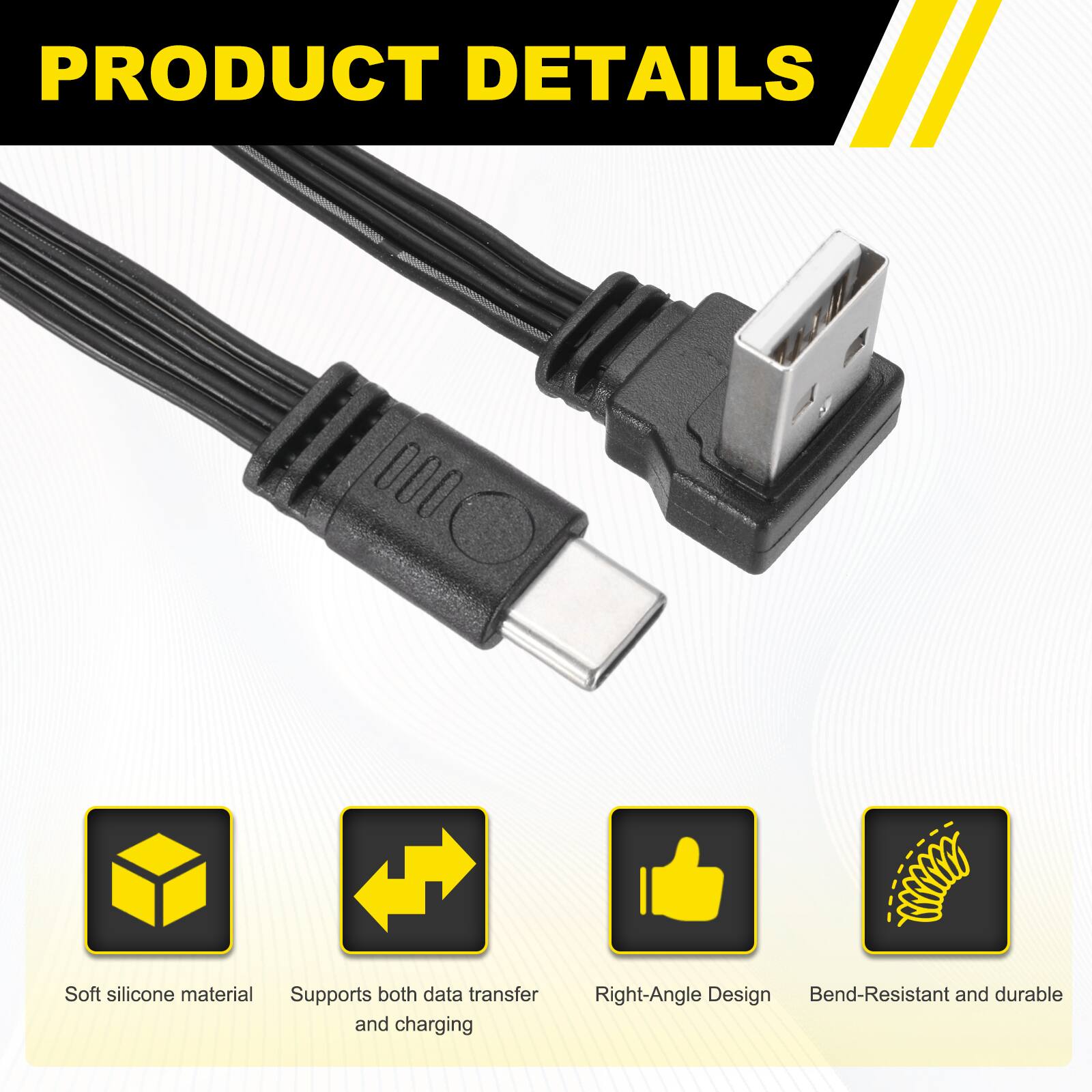 PRODUCT DETAILS

- Soft silicone material
- Supports both data transfer and charging
- Right-Angle Design
- Bend-Resistant and durable