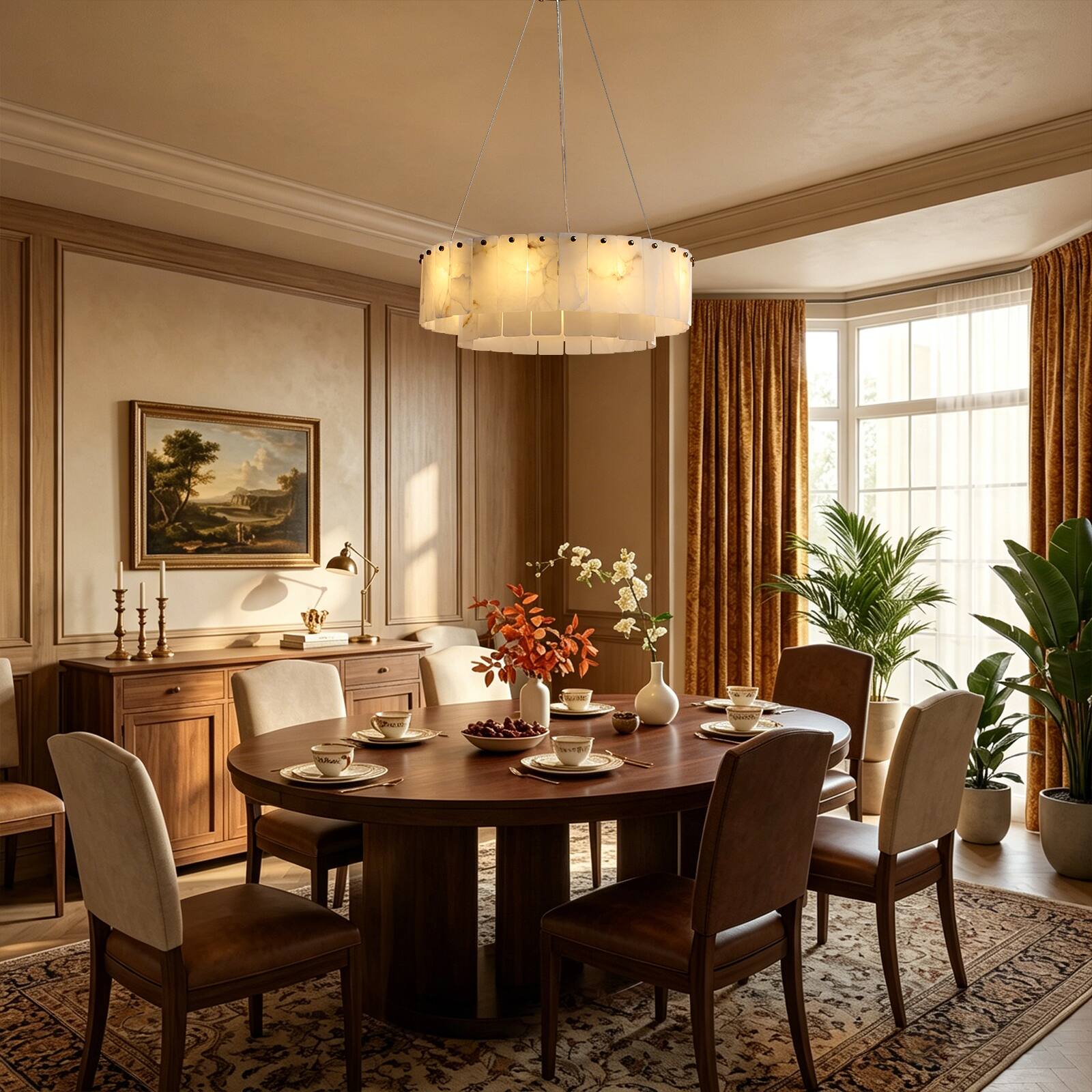 Alt View 1. Siljoy - 24-inch Modern 9-Light Brass Gold Round Alabaster Chandelier Height Adjustable Pendant for Dining Kitchen Entryway - Alabaster White.