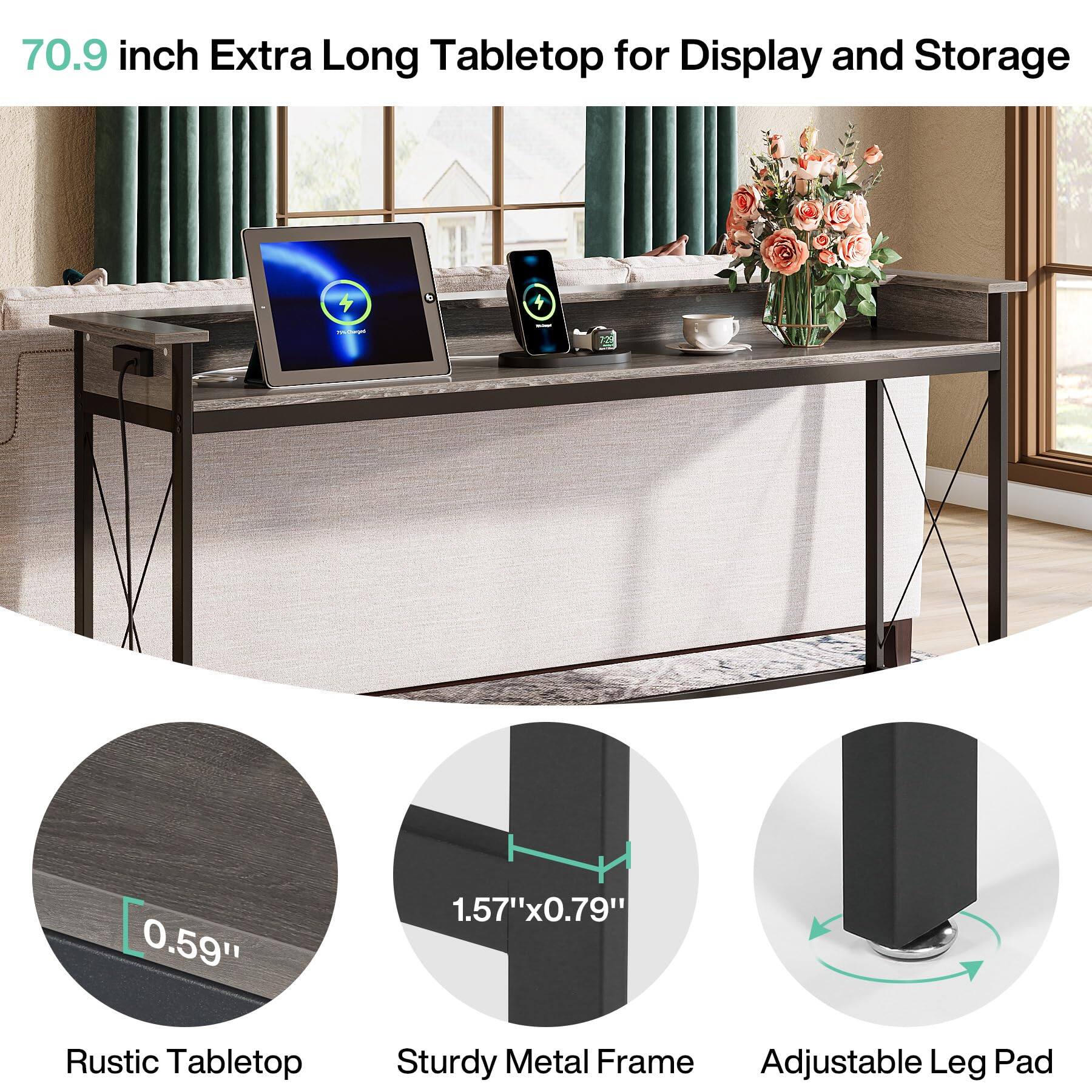 70.9 inch Extra Long Tabletop for Display and Storage

0.59"
1.57"x0.79"

Rustic Tabletop
Sturdy Metal Frame Adjustable Leg Pad