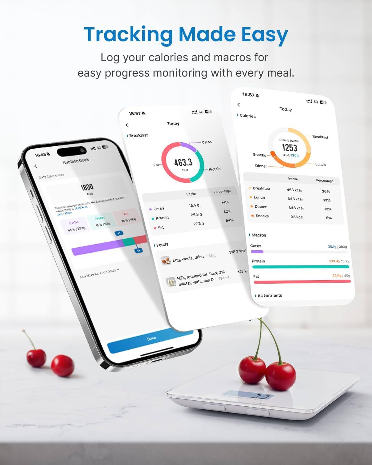 Tracking Made Easy  
Log your calories and macros for easy progress monitoring with every meal.  

16:57 Today  
Calories Today 1253  
Nutrition Goals  
1800 kcal  

Breakfast: 463 kcal (26%)  
Lunch: 348 kcal (19%)  
Dinner: 348 kcal (19%)  
Snacks: 93 kcal (5%)  

Carbs: 316.3 kcal (54%)  
Protein: 103.8g (32%)  
Fat: 80.9g (20%)  

Foods:  
- Egg, whole, dried - 55g  
- Milk, reduced fat, fluid, 2% - 294ml