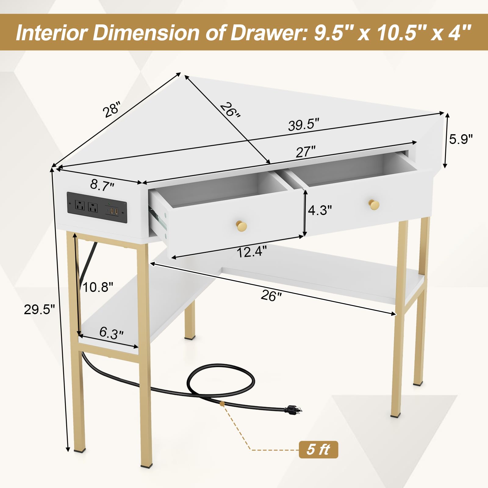 Interior Dimension of Drawer: 9.5" x 10.5" x 4"

28", 26", 39.5", 27", 5.9", 8.7", 4.3", 12.4", 29.5", 10.8", 6.3", 26", 5ft