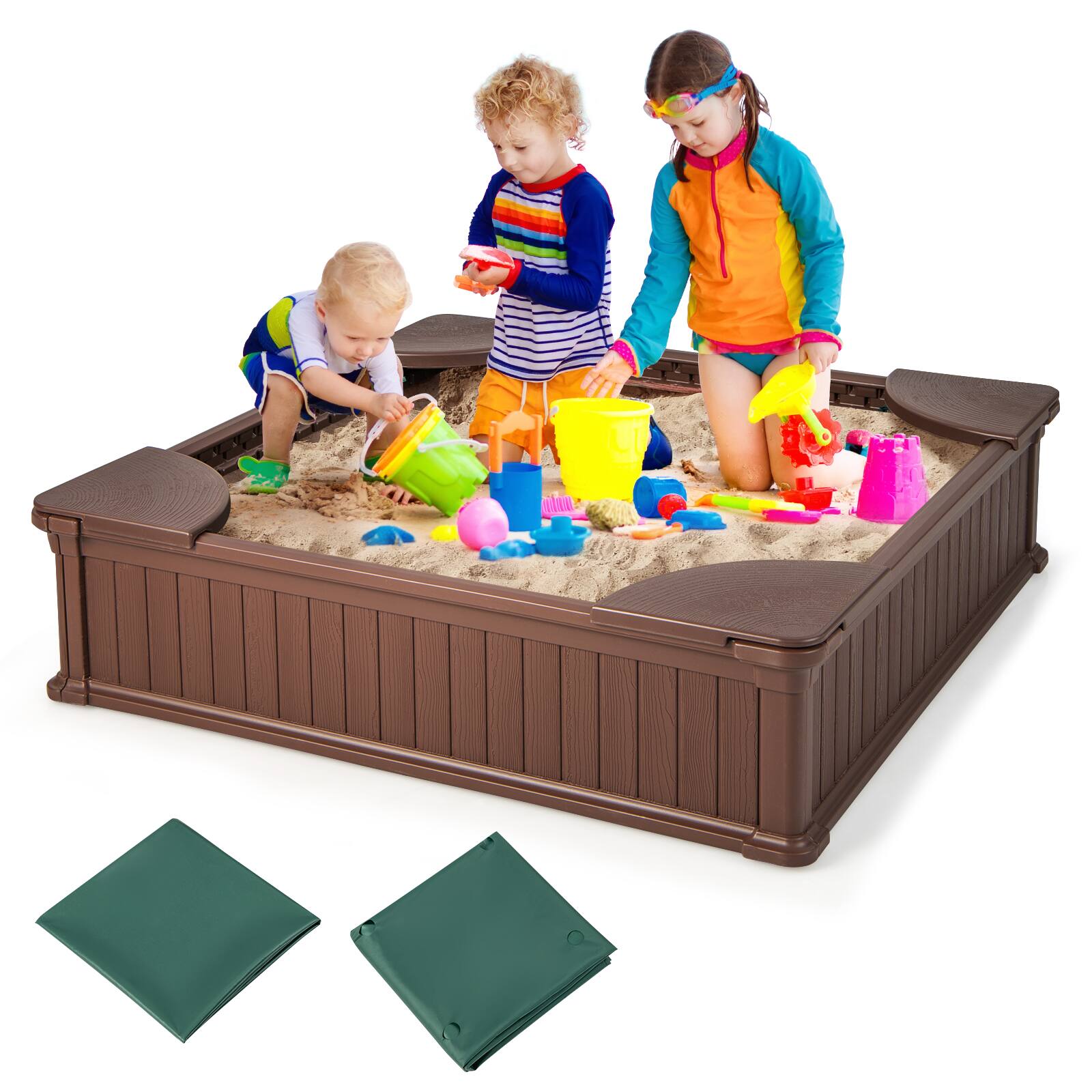 Alt View 9. Costway - Costway Kids Outdoor Sandbox 48.5" x 48.5" x 12.5" Large HDPE Sandpit with Oxford Cover - Brown.