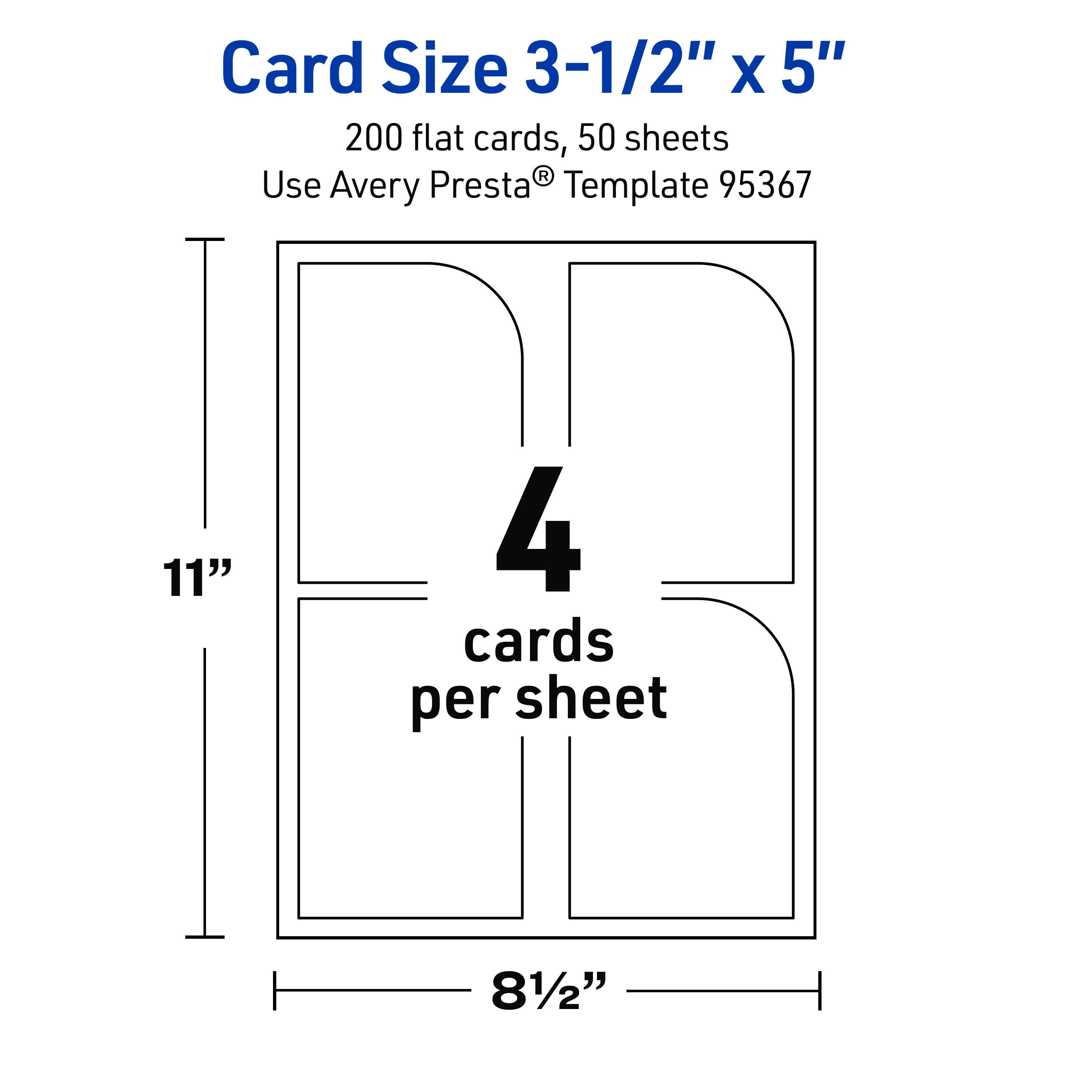 Card Size 3-1/2" x 5"  
200 flat cards, 50 sheets  
Use Avery Presta® Template 95367  
11" x 81/2"  
4 cards per sheet