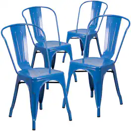 Emma + Oliver - Commercial Grade 4 Pack Metal Indoor-Outdoor Stackable Chair - Blue