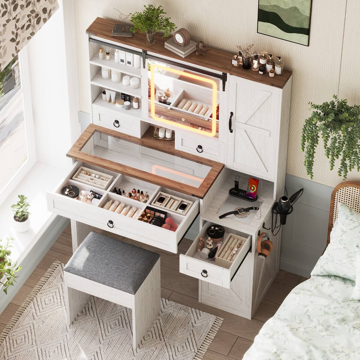 Angle. Loheer - Loheer Farmhouse Vanity Desk with LED Mirror, Glass Top, Charging Station and Stool - White.