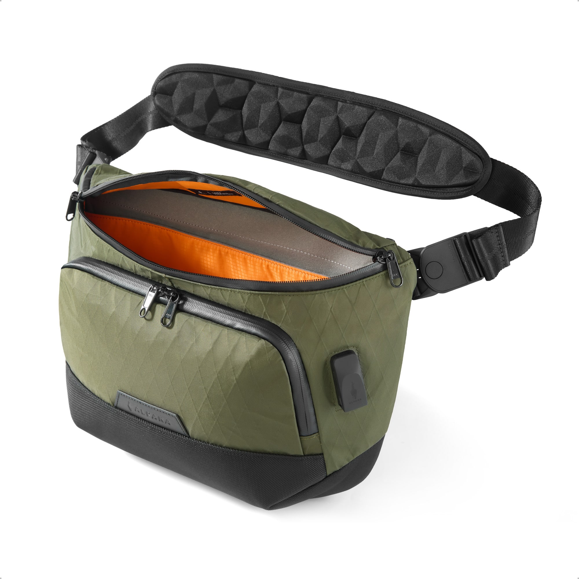 ALPAKA - Bravo Sling Max V2 Laptop Sling Bag for Men, Fits 14" MacBook Pro + 12.9" iPad Pro, RFID, Lockable Zippers, USB-C - Dark Green X-Pac VX21