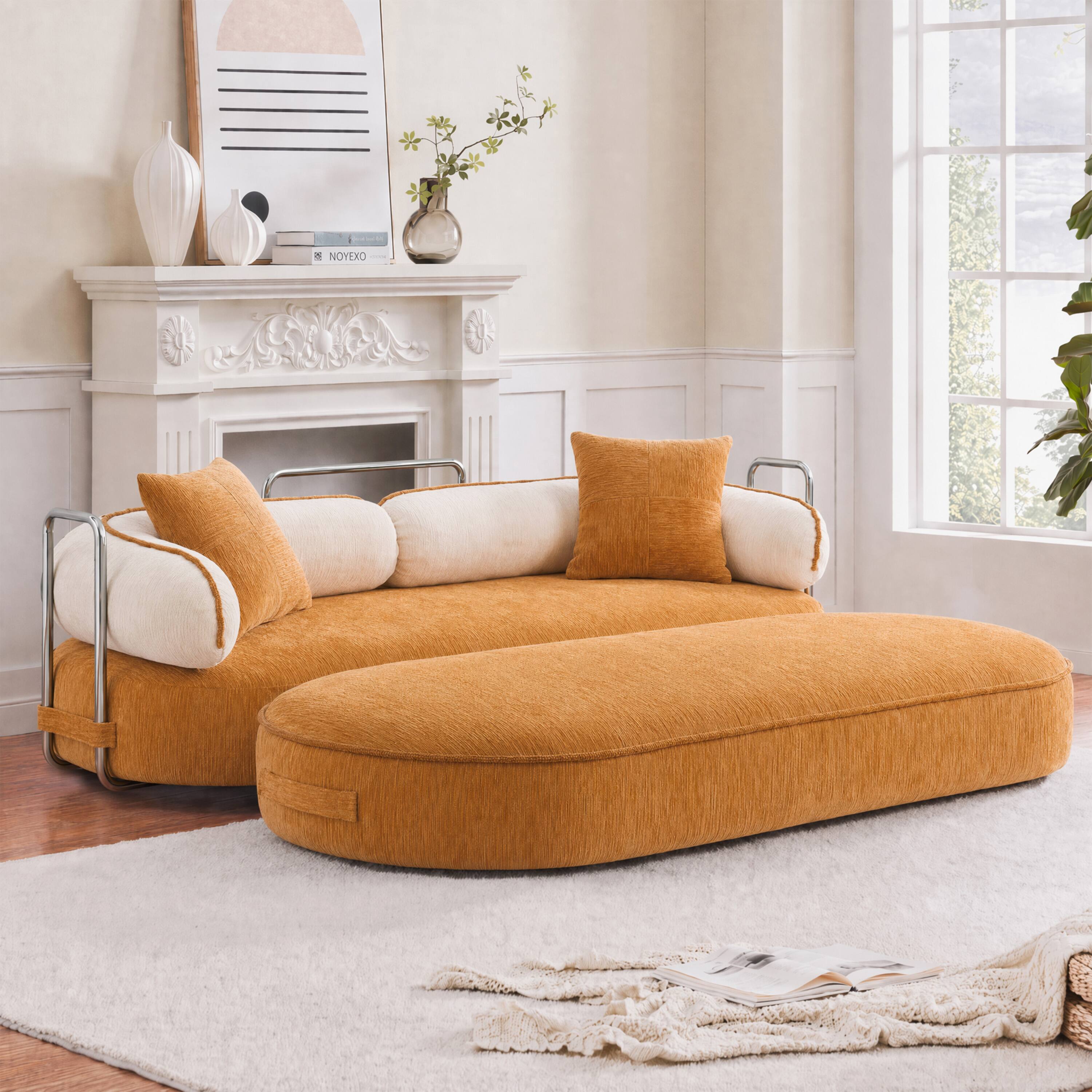 Left. Vipbear - Curved Loveseat with 4 Pillows, Modern Boneless Couch, Convertible Sleeper Sofa Bed - orange.