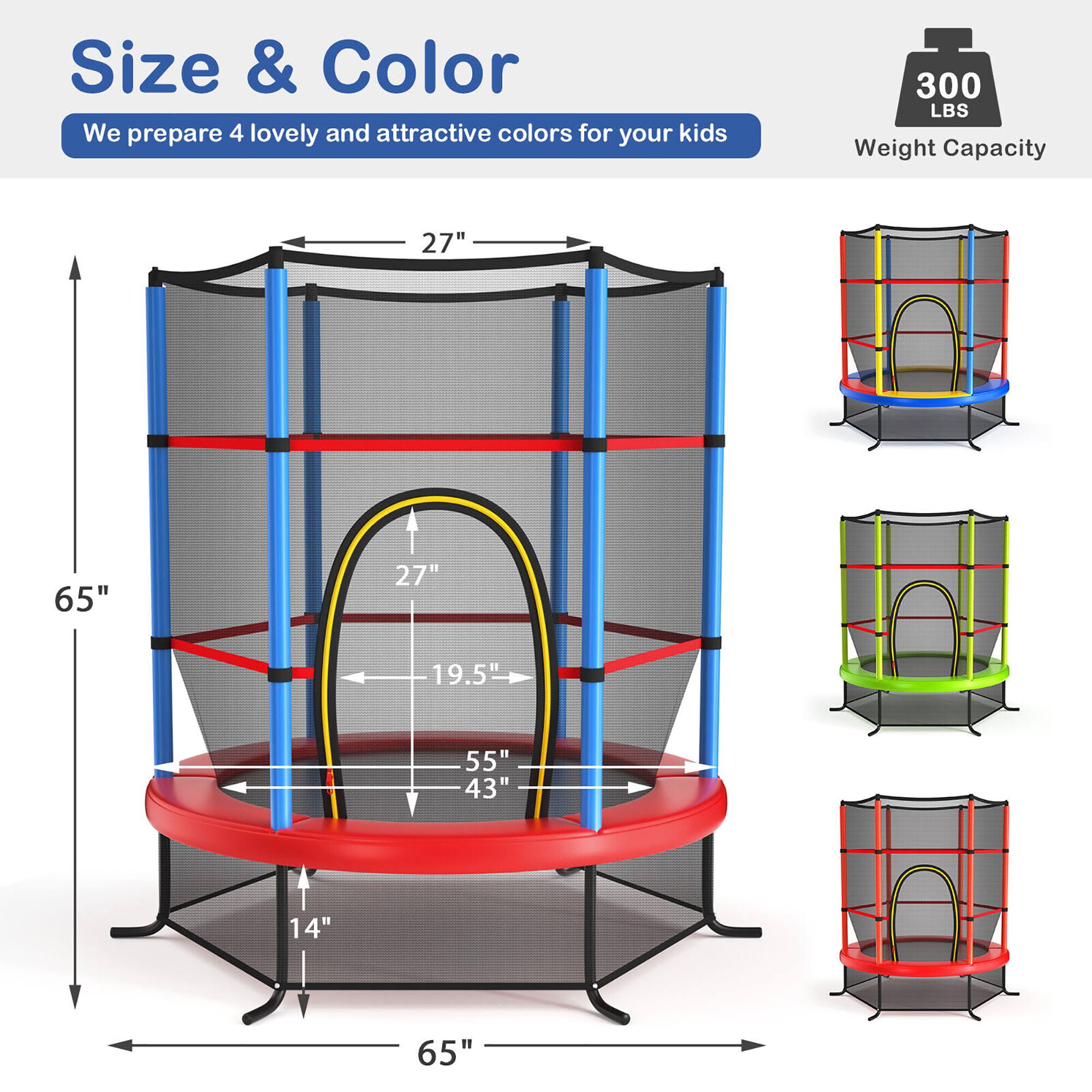 Size & Color  
We prepare 4 lovely and attractive colors for your kids  

Weight Capacity: 300 LBS  

Dimensions:  
- Height: 65"  
- Width: 65"  
- Base Diameter: 55"  
- Base Depth: 43"  
- Seat Diameter: 27"  
- Seat Height: 14"  
- Arch Height: 27"  
- Arch Width: 19.5"
