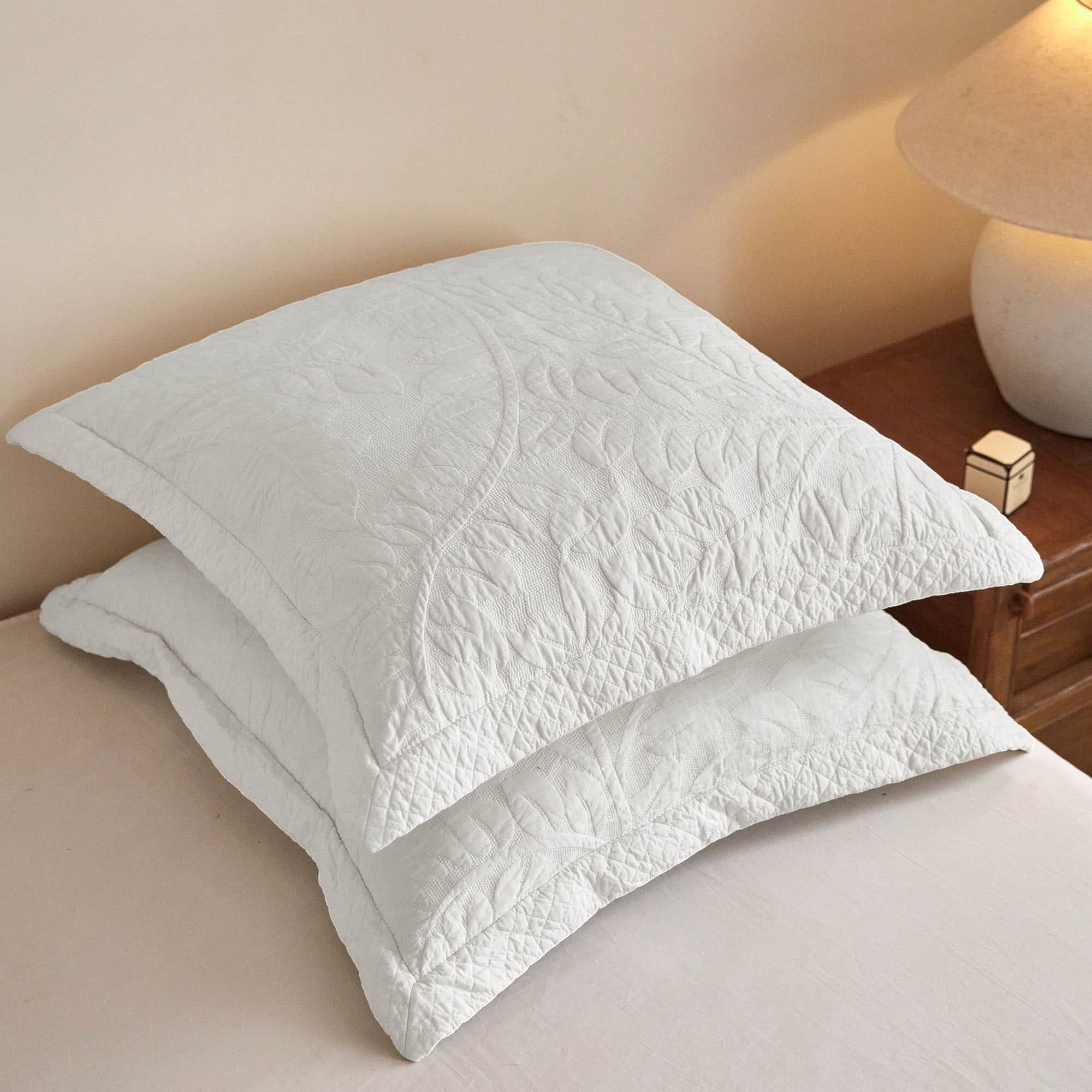 MarCielo - 100% Cotton Embroidered Quilted Pillow Shams Set of 2, 26"x26" Euro Size - Soft White