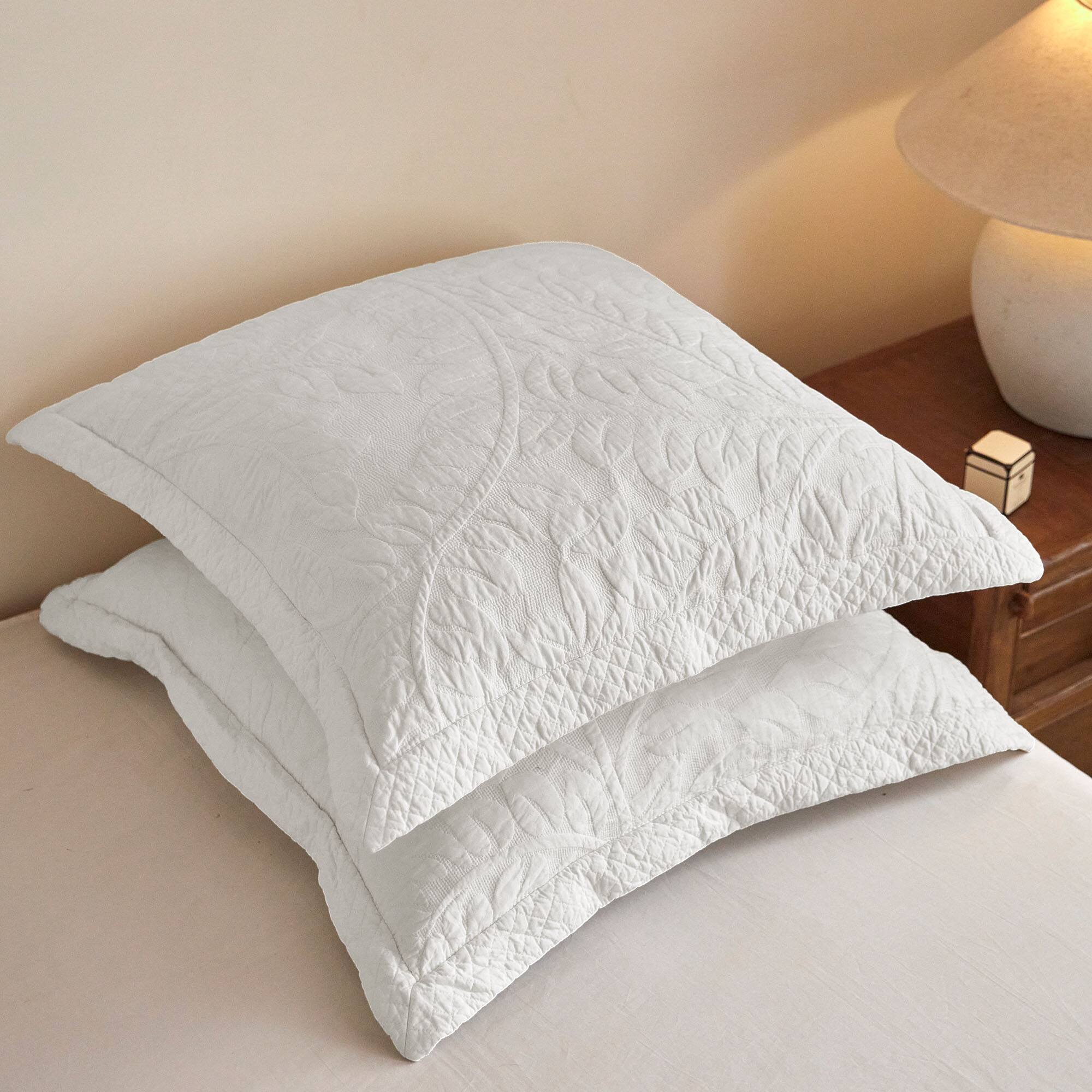 MarCielo - 100% Cotton Embroidered Quilted Pillow Shams Set of 2, 26"x26" Euro Size - Soft White