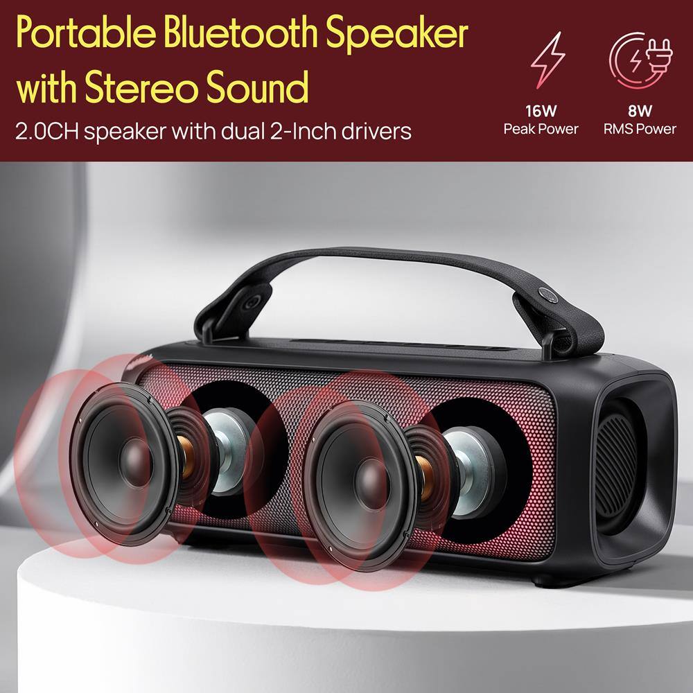 Portable Bluetooth Speaker with Stereo Sound  
16W 2.0CH speaker with dual 2-Inch drivers  
Peak Power 4 8W RMS Power