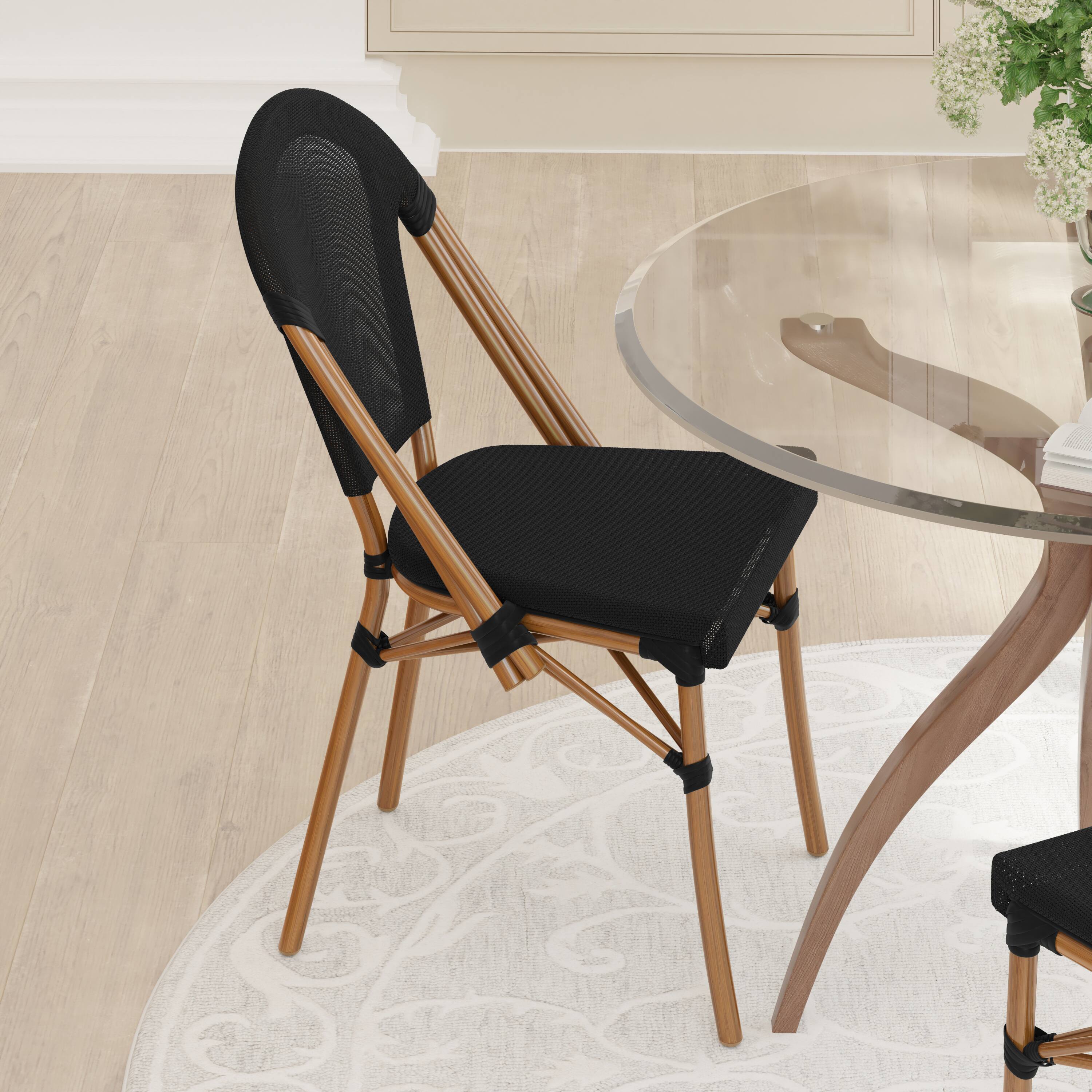 Alt View 4. Emma + Oliver - Massalia Indoor/Outdoor Stacking Bistro Style Chairs with Textilene Seat and Aluminum Frame - Black/Natural Frame.