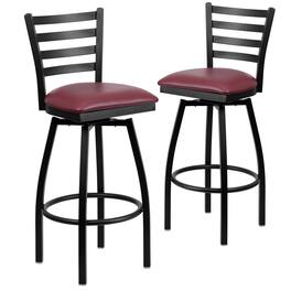 Emma + Oliver - 2 Pack Ladder Back Swivel Metal Barstool - Burgundy Vinyl Seat/Black Metal Frame