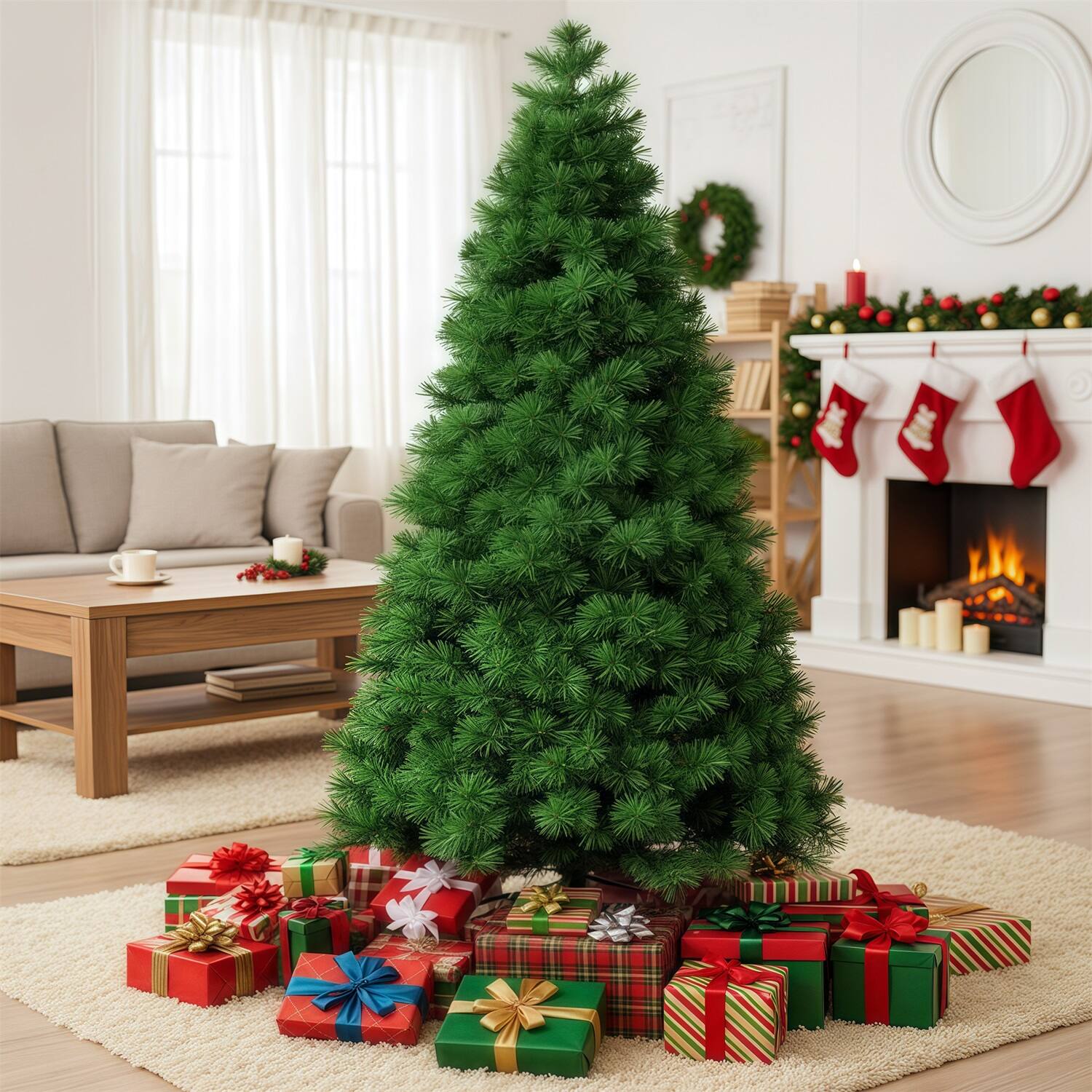 Sweet - 6ft Prelit Premium Artificial Classic Spruce Christmas Tree with Pre-lit Warm White Lights and Foldable Stand - Green