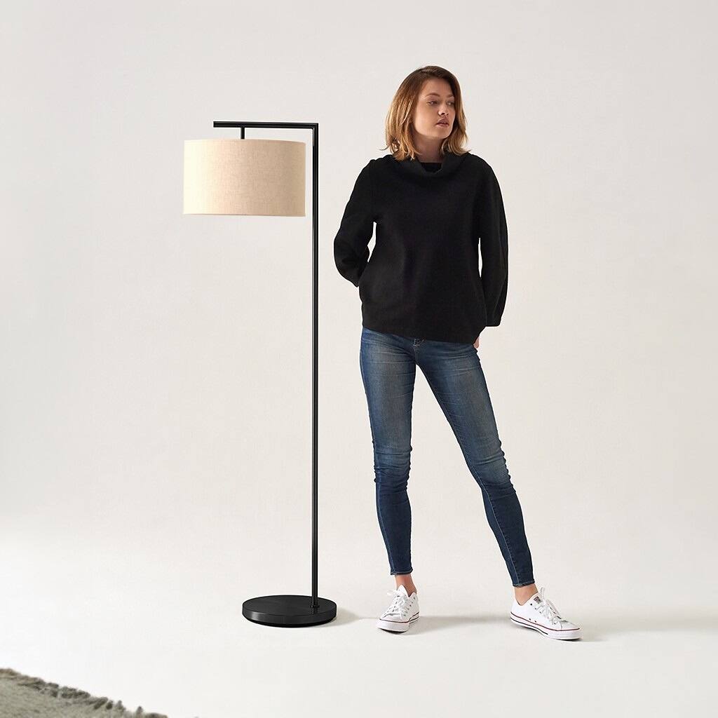 Alt View 1. Brightech - Montage Modern LED Midcentury Modern Arc Super Bright Floor Lamp with Beige Fabric Drum Shade - Classic Matte Black.