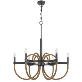 Manhattan Lane - 6-Light Candelabra Chandelier with Burlap Rope, Black Metal, 31 Inch - Brown, Black