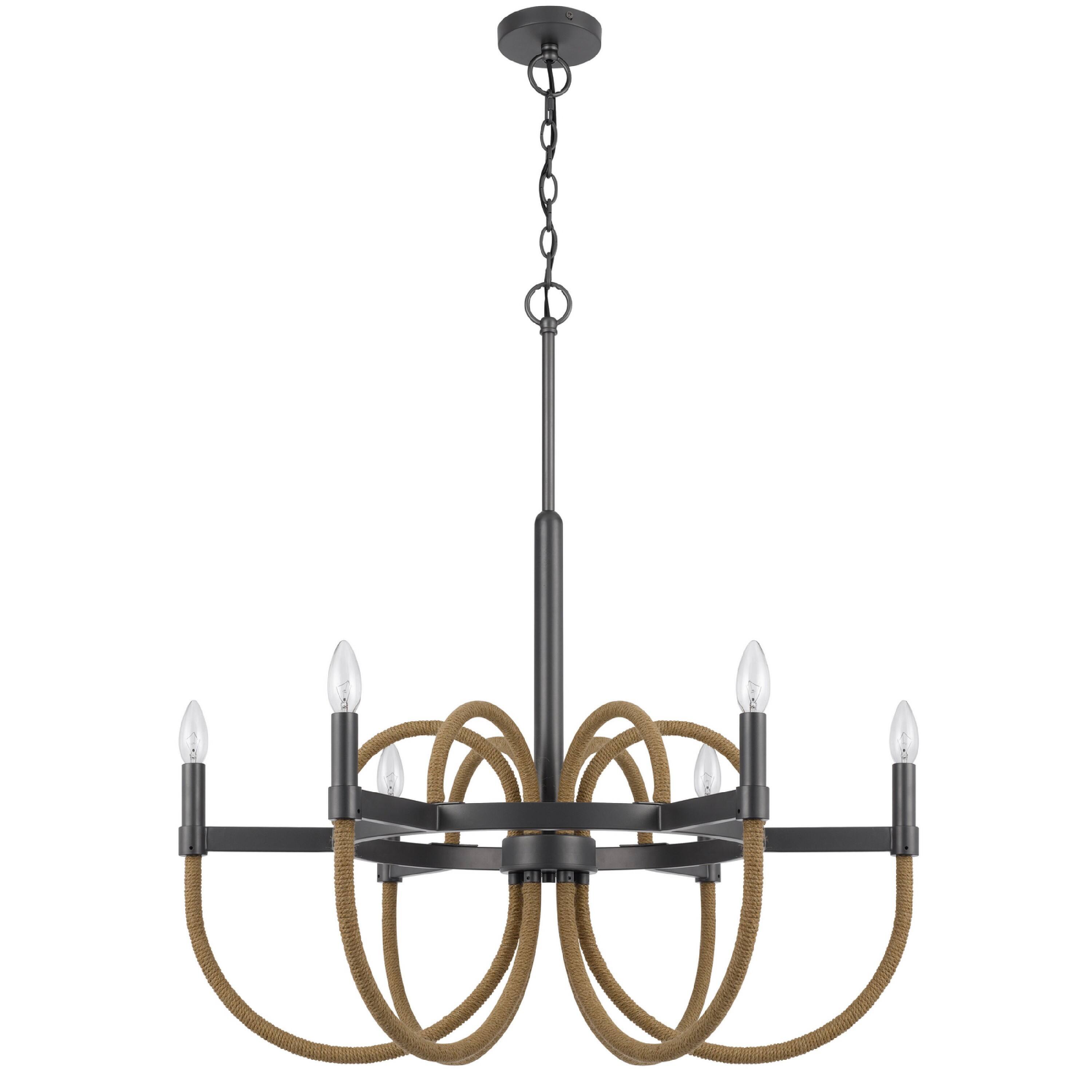 Front. Manhattan Lane - 6-Light Candelabra Chandelier with Burlap Rope, Black Metal, 31 Inch - Brown, Black.