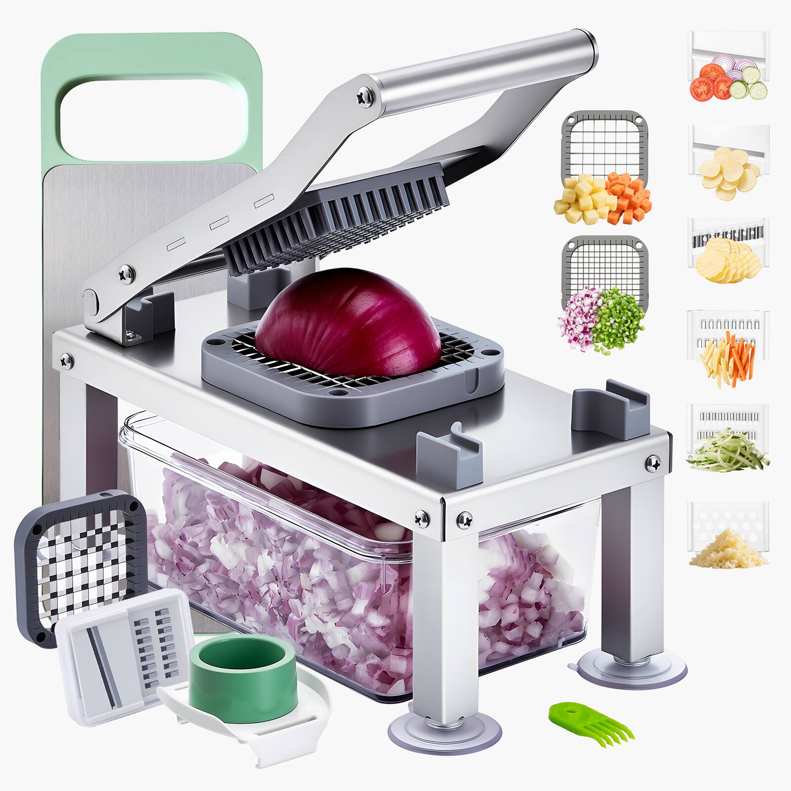 VEVOR - Vegetable Chopper Mandoline Slicer, All-in-1 Food Veggie Cutter with 8 Stainless Steel Blades - Bright Silver