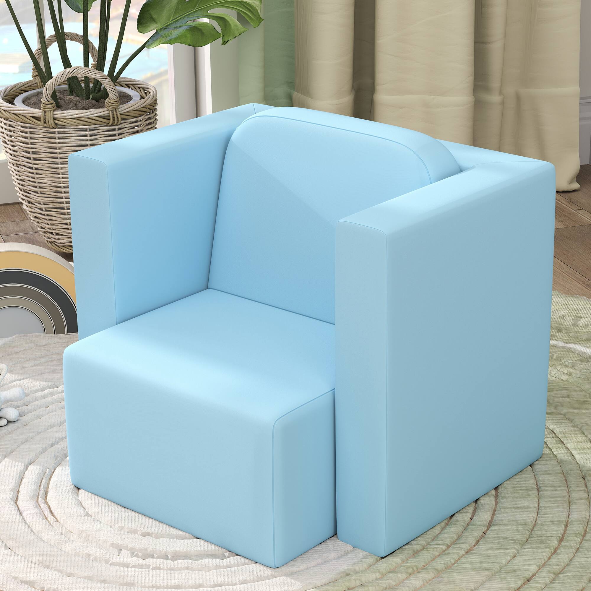 Alt View 5. Qaba - 2-in-1 Multifunctional Kids Sofa Convertible Table and Chair Set for Boys Girls - Light Blue.