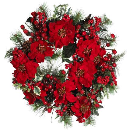 Front. BreeBe - 24" Poinsettia Wreath - Holiday.