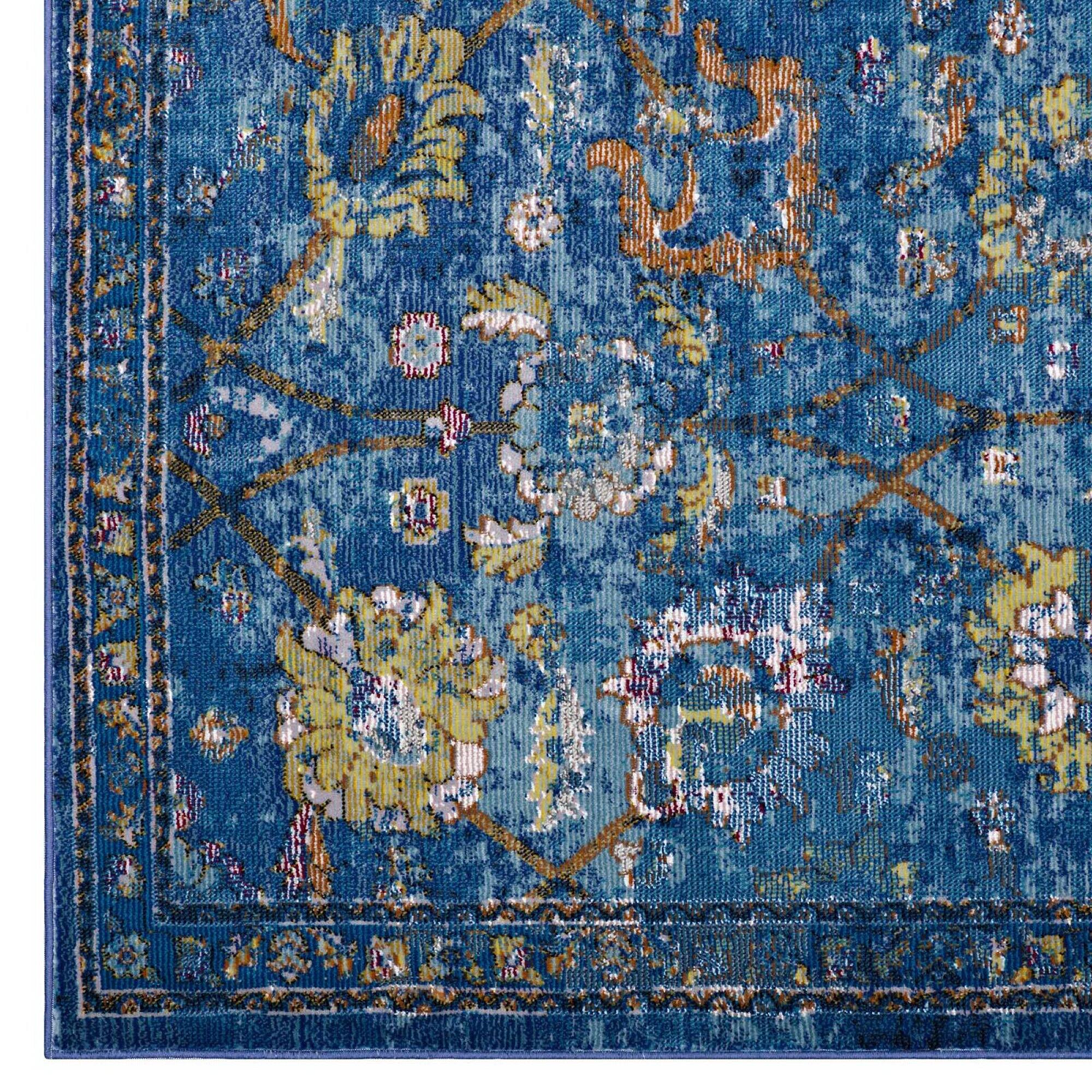 Alt View 1. Modway - Minu Distressed Floral Lattice Area Rug - Dark Blue Yellow and Orange.