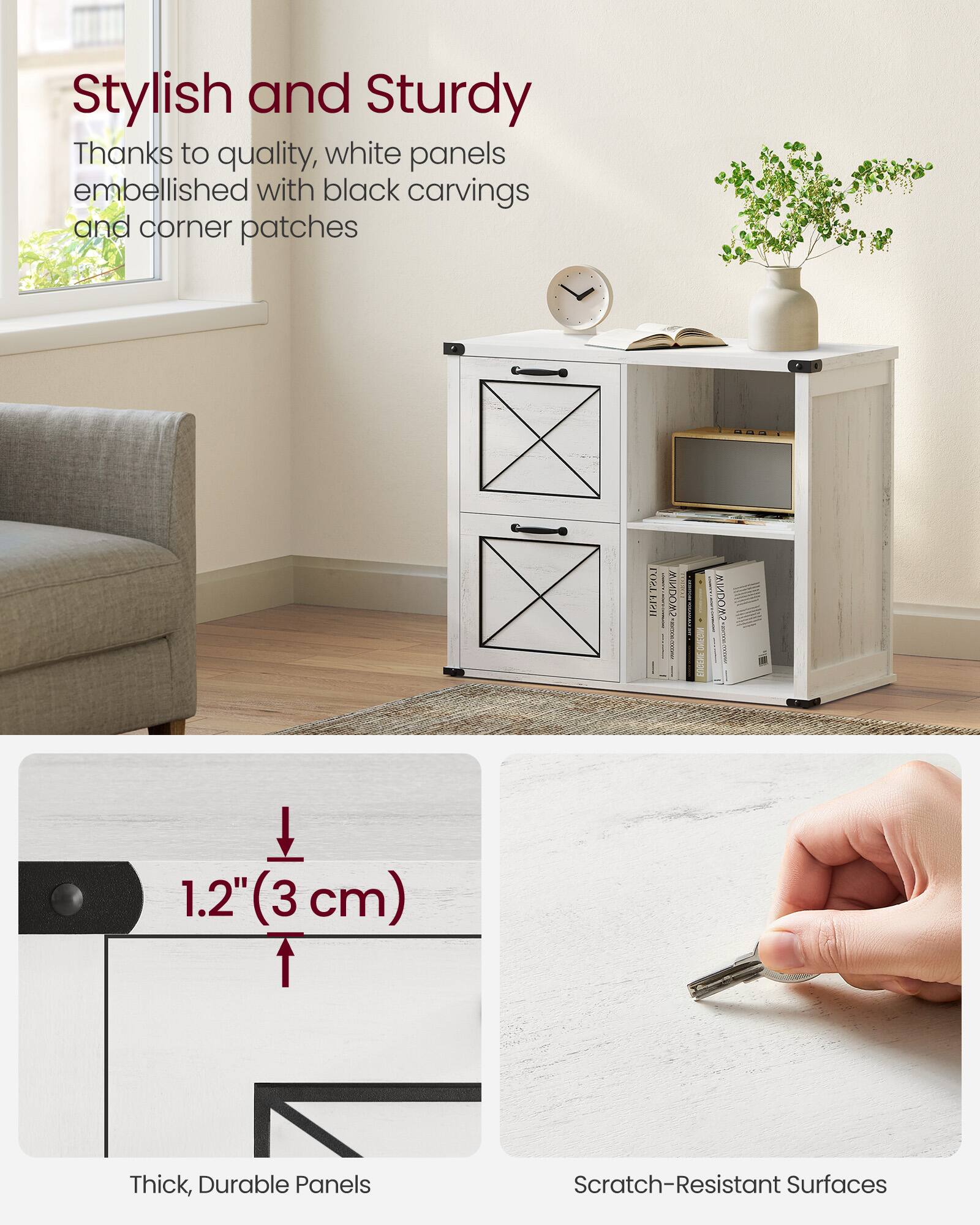 Stylish and Sturdy  
Thanks to quality, white panels embellished with black carvings and corner patches  

1.2" (3 cm) Thick, Durable Panels  
Scratch-Resistant Surfaces