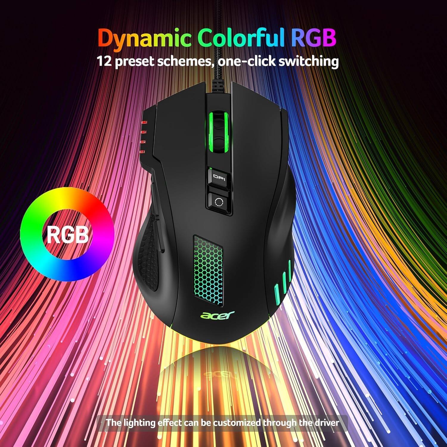 Dynamic Colorful RGB  
12 preset schemes, one-click switching  

The lighting effect can be customized through the driver
