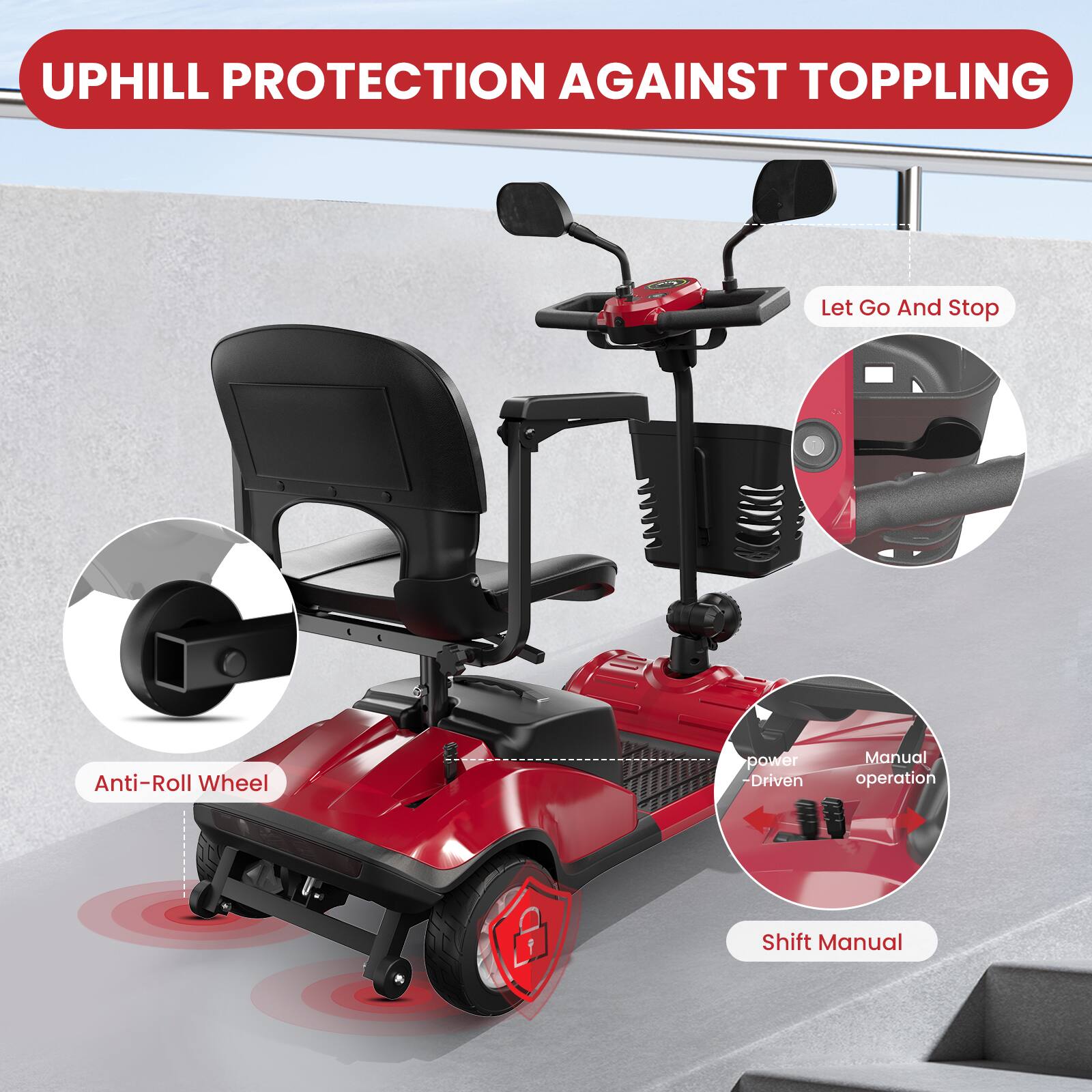 UPHILL PROTECTION AGAINST TOPPLING

Let Go And Stop
Anti-Roll Wheel
Shift Manual
Manual operation
Power Driven