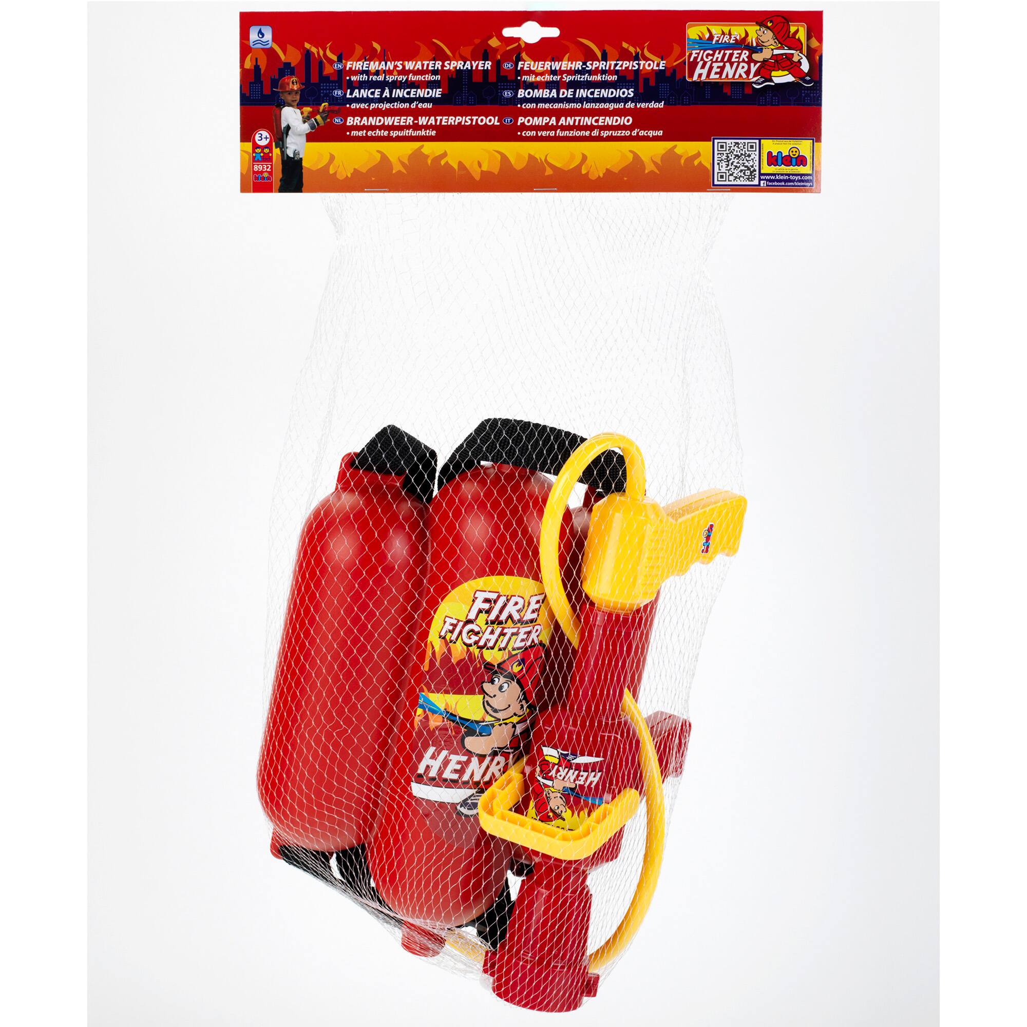 The image features a red fire extinguisher with a yellow handle, which is designed for use by firefighters. The fire extinguisher is displayed in a mesh bag, and it is accompanied by a yellow nozzle. The product is made by Henry, and it is suitable for use in firefighting operations. The fire extinguisher is designed to provide a reliable source of water for firefighting purposes, and its bright red color makes it easily identifiable in emergency situations.