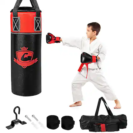 Front. Costway - Costway 11Lbs Kids Punching Boxing Bag Set w/ Hand Wraps Punching Gloves Bag Hook Hanging - Black,Red.