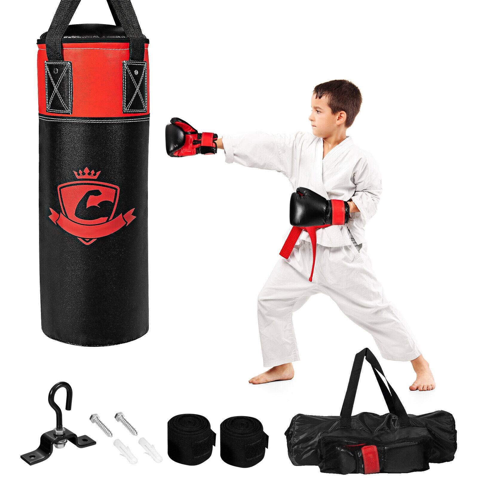 Costway - 11Lbs Kids Punching Boxing Bag Set w/ Hand Wraps Punching Gloves Bag Hook Hanging - Black,Red