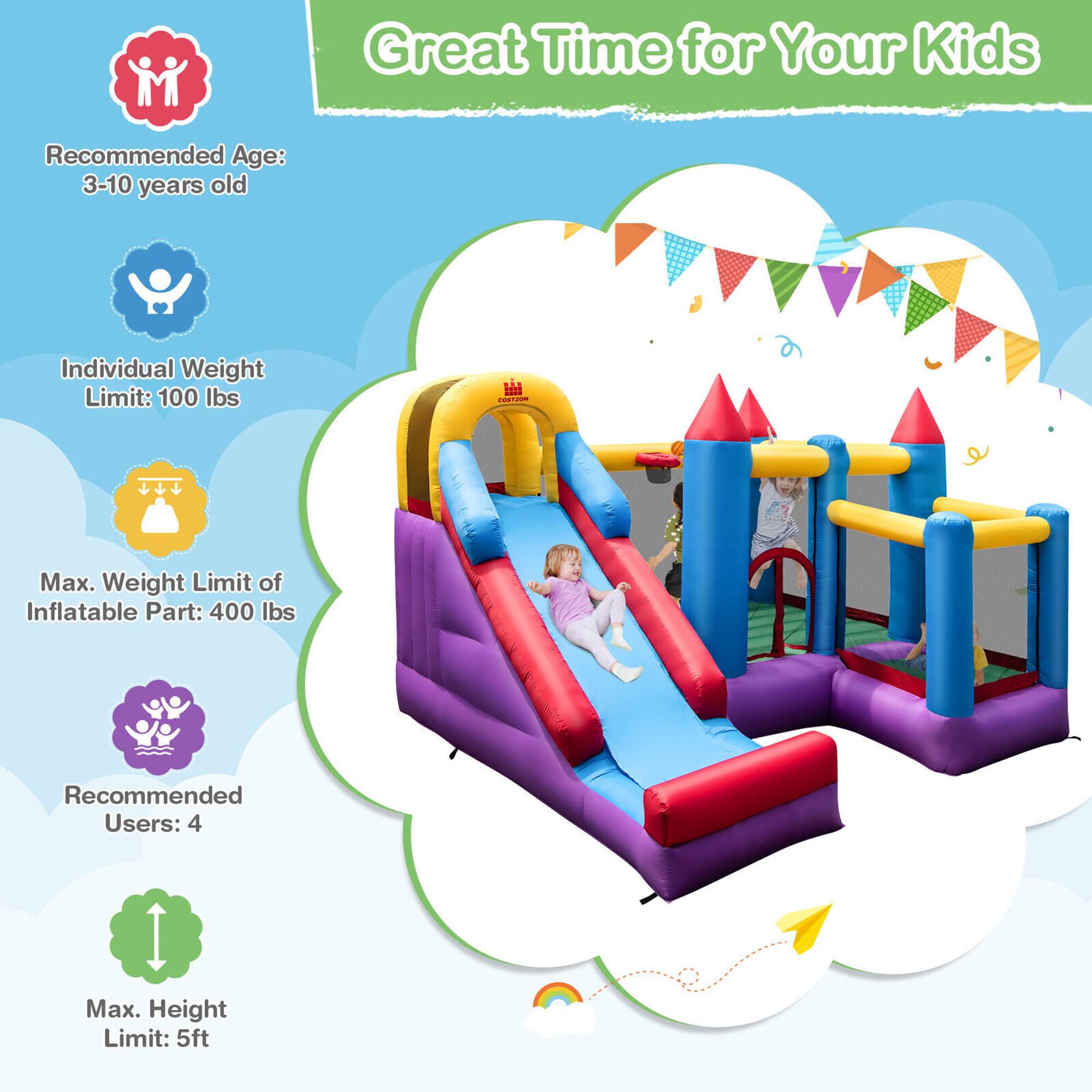 Great Time for Your Kids

Recommended Age: 3-10 years old

Individual Weight Limit: 100 lbs

Max. Weight Limit of Inflatable Part: 400 lbs

Recommended Users: 4

Max. Height Limit: 5ft