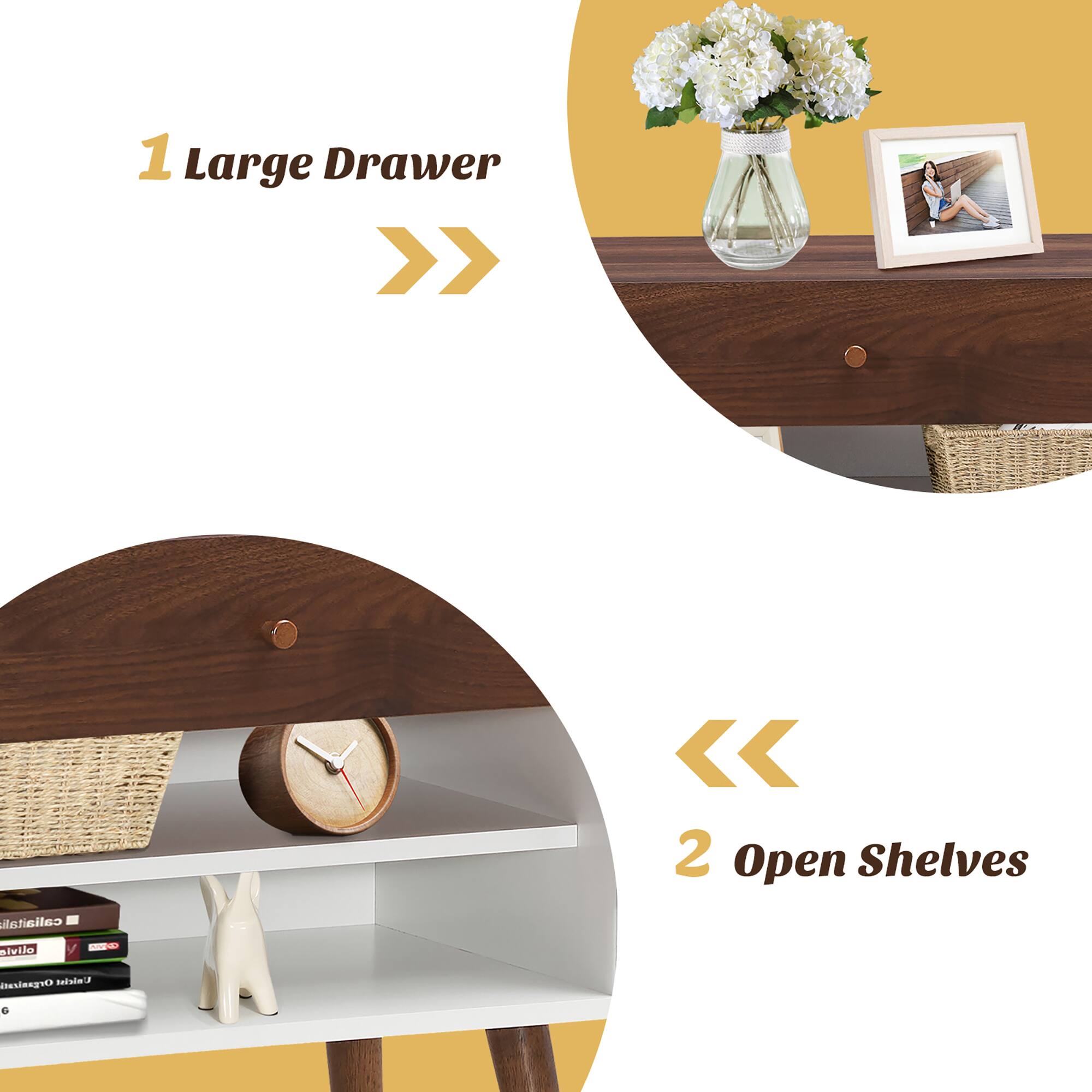 1 Large Drawer >> 2 Open Shelves