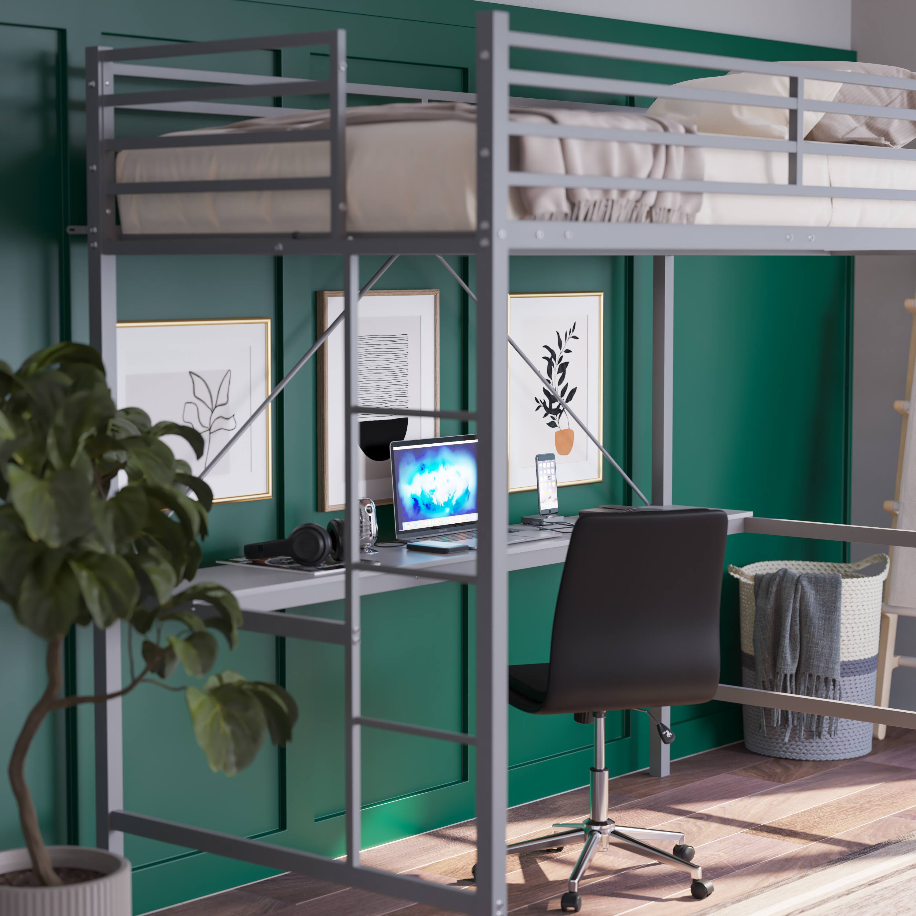 Alt View 4. Emma + Oliver - Jensen Metal Loft Bed Frame with Desk, Protective Guard Rails and Ladder for Kids, Teens and Adults - Gray.