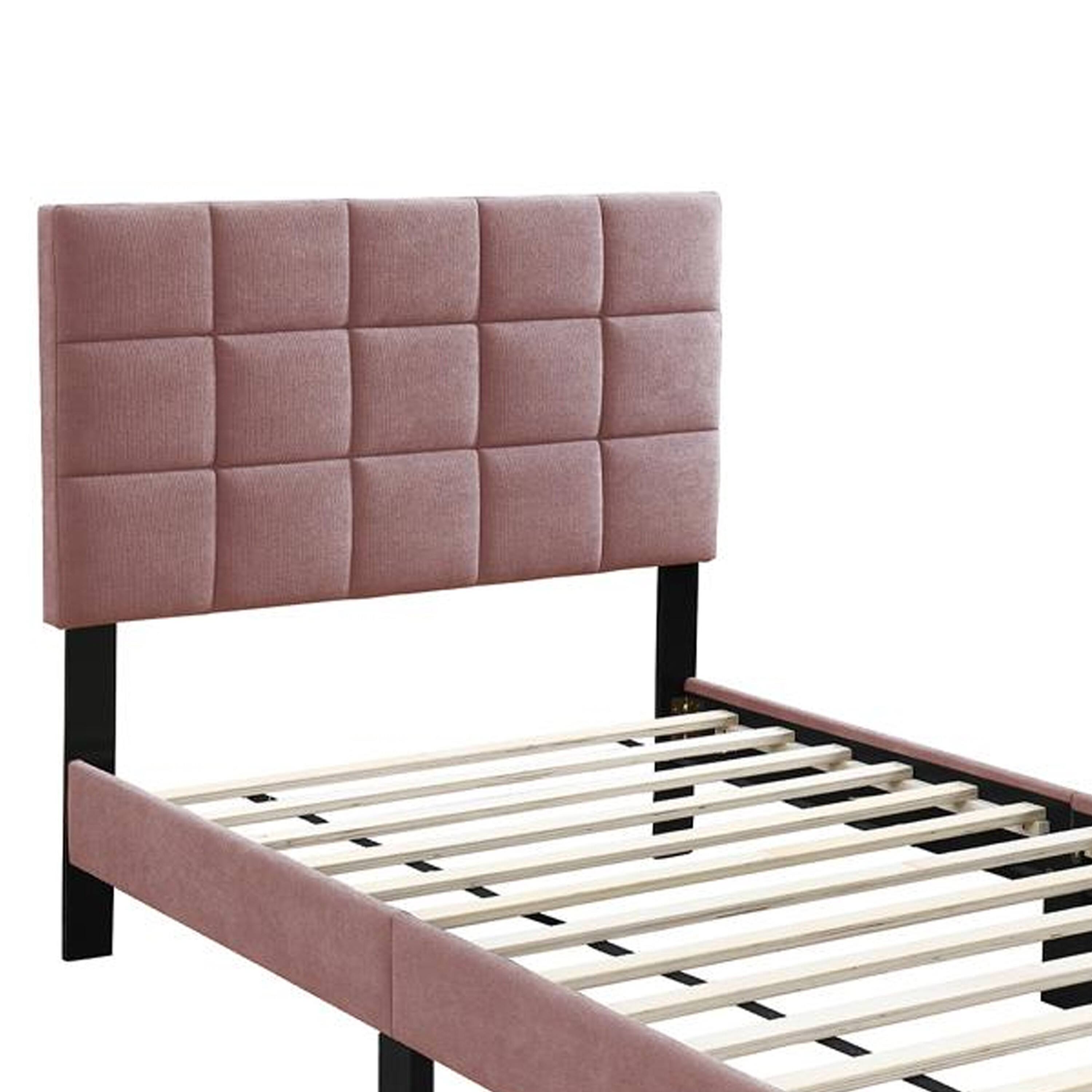Left. Manhattan Lane - Lilian Full Bed, Tufted Pink Linen Upholstery, Biscuit Tufted Stitch - Pink, Black.