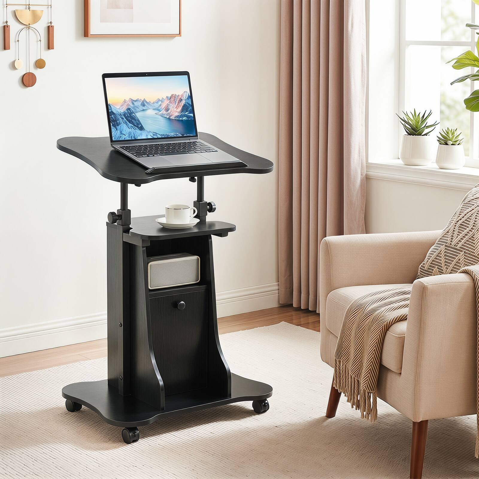 Alt View 1. Costway - Costway Set of 2 Height Adjustable Standing Desk Mobile Podium w/Tilt Top & Door Cabinet - Black.