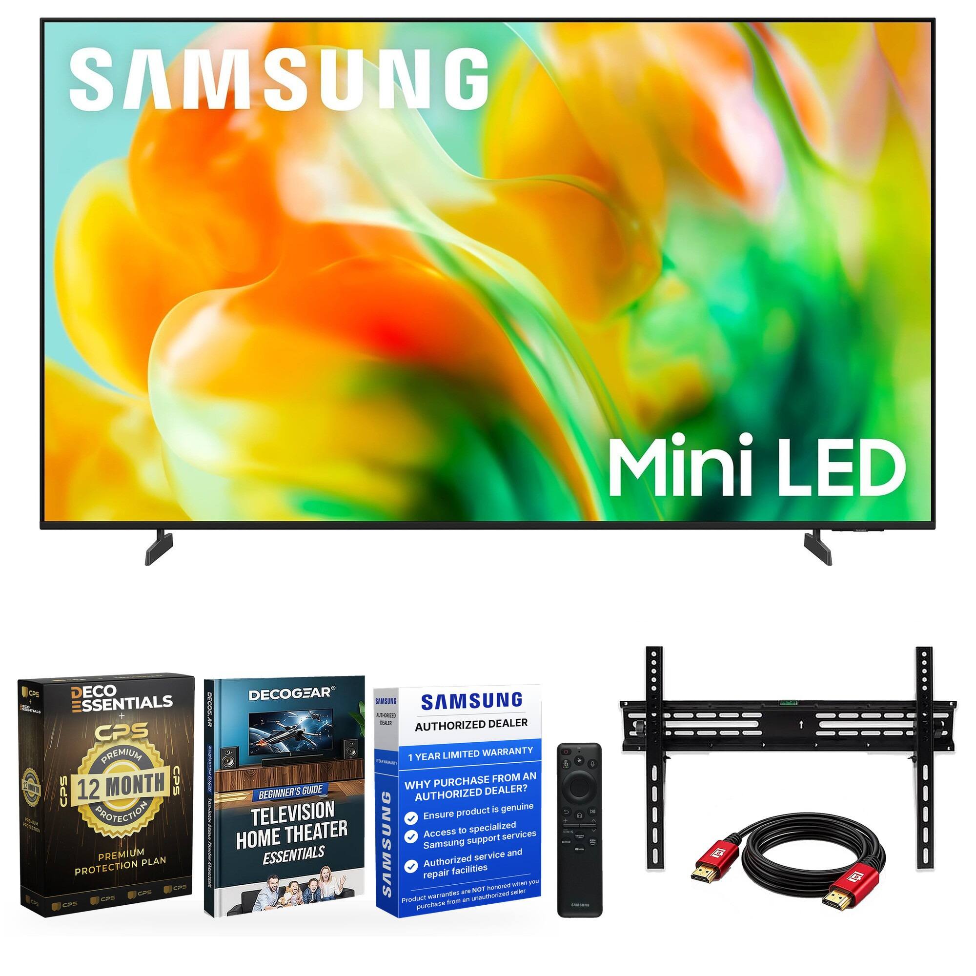SAMSUNG  
Mini LED  

DECO ESSENTIALS  
CPS PREMIUM  
12 MONTH PROTECTION  
PREMIUM PLAN PROTECTION  

DECOGEAR  
SAMSUNG  
ATHEROS  
SUGAR  
AUTHORIZED DEALER  

1 YEAR LIMITED WARRANTY  

WHY PURCHASE FROM AN AUTHORIZED DEALER?  
- Ensure THEATER Access to specialized services  
- HOME SAMSUNG Samsung support ESSENTIALS service and Authorized facilities repair when you NOT homored warranties  
- bechaftuenu sele! Product from are purchese  

TELEVISION  
BEGINNER'S GUIDE  

SAMSUNG  
AUTHORIZED DEALER  
1 YEAR LIMITED WARRANTY  

Ensure product is genuine  
Access to specialized services  
Authorized service and repair facilities  
Product warranties are not honored if purchased from an unauthorized seller