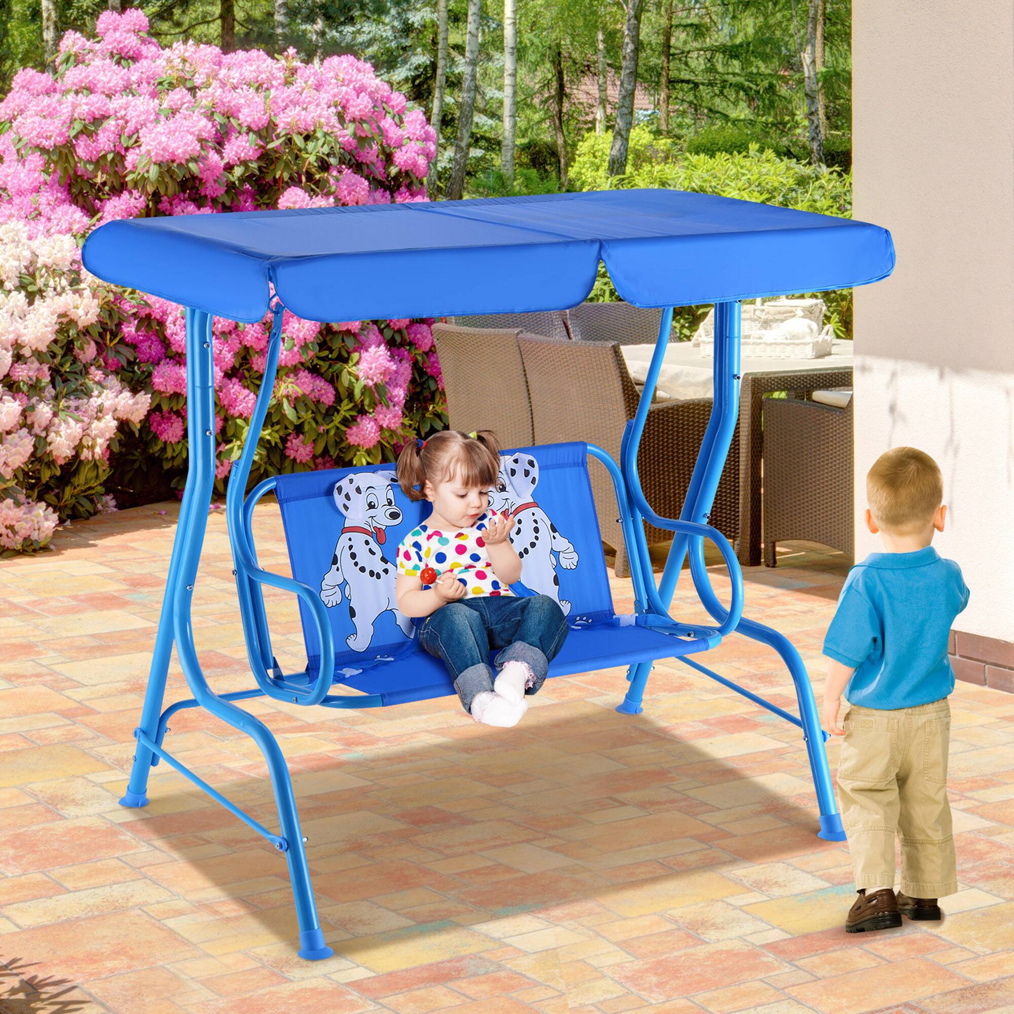 Alt View 3. Gymax - Gymax Kids Patio Porch Bench Swing w/ Safety Belt Canopy Outdoor Furniture Blue - Blue.
