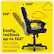The image features a black office chair with a yellow cushion, which is advertised as having the ability to recline up to 122 degrees. The chair is positioned in front of a yellow background with clouds, and there is a yellow arrow pointing upwards, emphasizing the reclining feature. The text "Easily reclines up to 122" is displayed prominently, highlighting the chair's unique selling point.