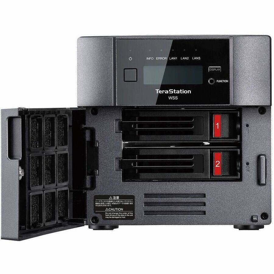 INFO ERROR LAN1 LAN2 LAN3 DISPLAY FUNCTION  
TeraStation WSS  

CAUTION  
Do not change the order of the hard drives in the unit.