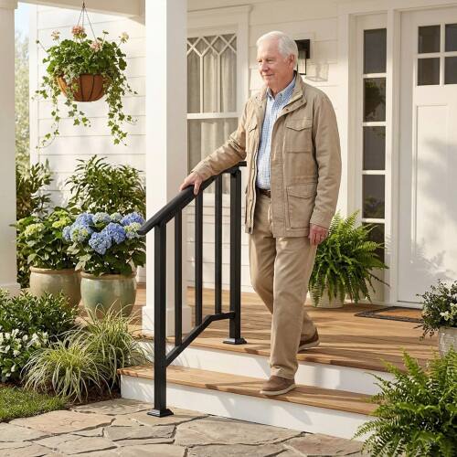 Alt View 6. Winado - Handrails 1-Step with Straight End, Wrought Iron Stair Railing for Concrete Indoor Outdoor Steps Fits Garden Porch - Black.